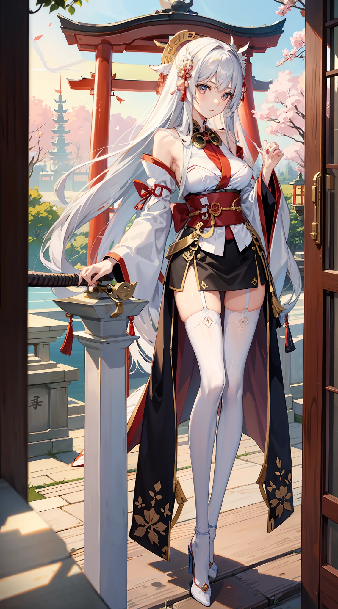 Graceful legs、long thin legs、thighhighs and skirt、long legged、Very beautiful slim legs、Very beautiful long slim legs、Walking、nice leg、good hips and long legs、Beautiful legs、cleavage of the breast、Colossal tits、 Gentle face、Girl with a long Japan sword、Silvery hair、（（Shrine of Japan、Chonoki、torii gate:1.2））One sword、Angle from above、Zoom to face
