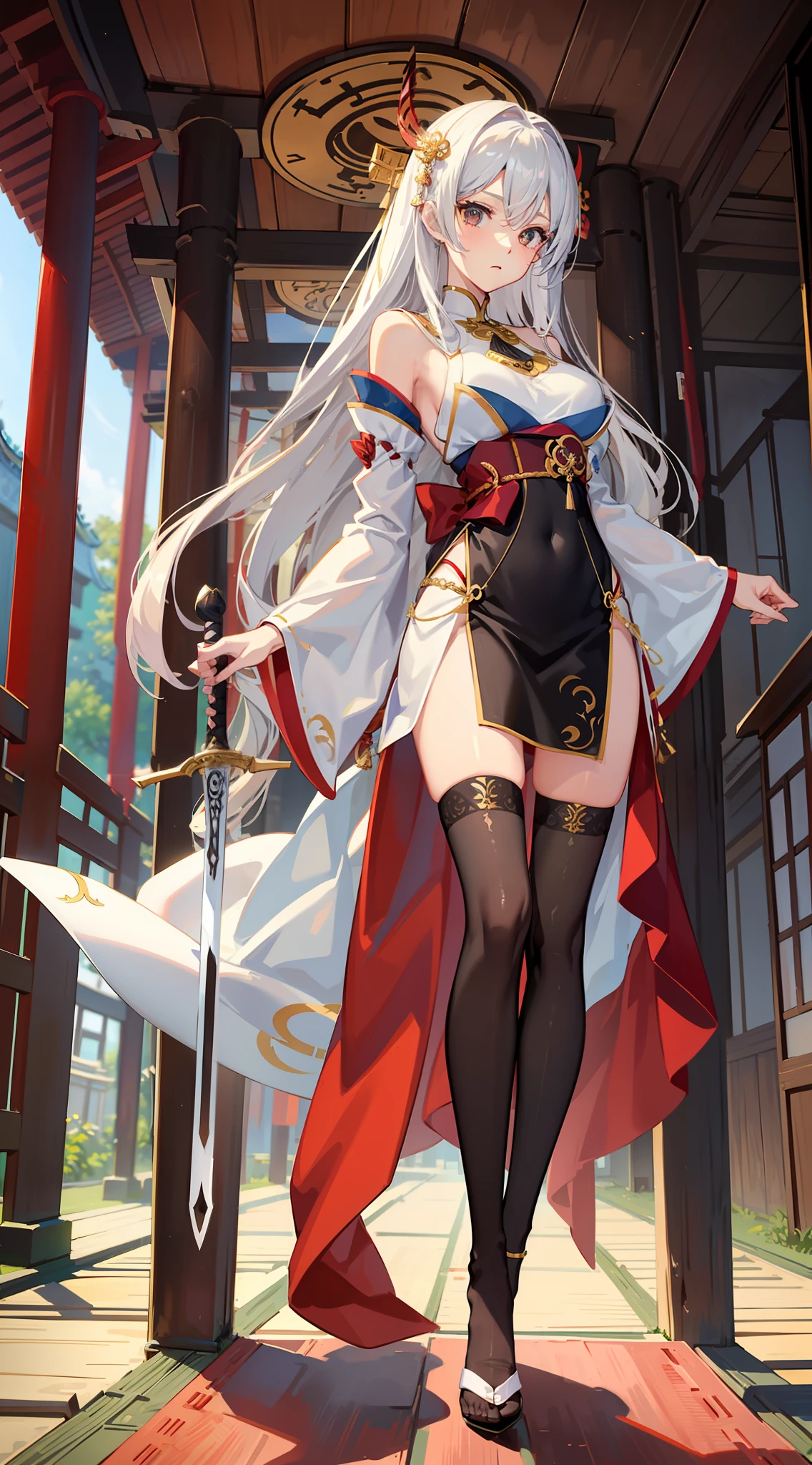 Graceful legs、long thin legs、thighhighs and skirt、long legged、Very beautiful slim legs、Very beautiful long slim legs、Walking、nice leg、good hips and long legs、Beautiful legs、cleavage of the breast、Colossal tits、 Gentle face、Girl with a long Japan sword、Silvery hair、（（Shrine of Japan、Chonoki、torii gate:1.2））One sword、Angle from above、Zoom to face