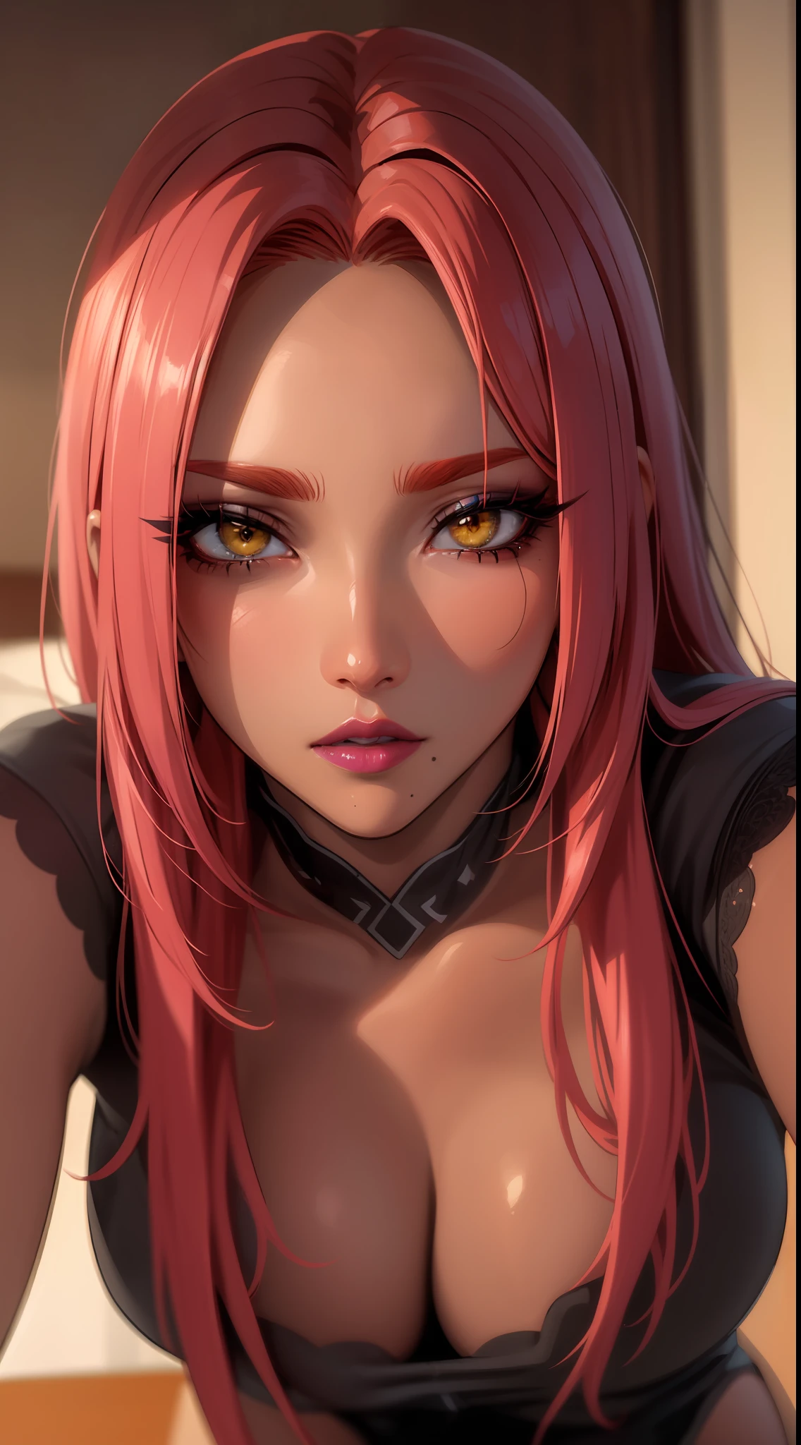 (masterpiece, highres, high quality:1.2), intricate details, cinematic lighting, sharp focus, depth of field, Ingrid, 1girl, mature female, (dark-skinned female:1.1), dark skin, standing pose, seductive expression, ((closeup shot, closeup to face:1.2)), looking at viewer, bedroom, caring, seductive, kind, [pink|red] hair, very long hair, hair intakes, makeup, lipstick, (mole under mouth:0.8), eyelashes, yellow eyes, ultra detailed eyes, ultra detailed face, ultra detailed lips, ultra detailed lipstick, ultra detailed makeup helloutfit,