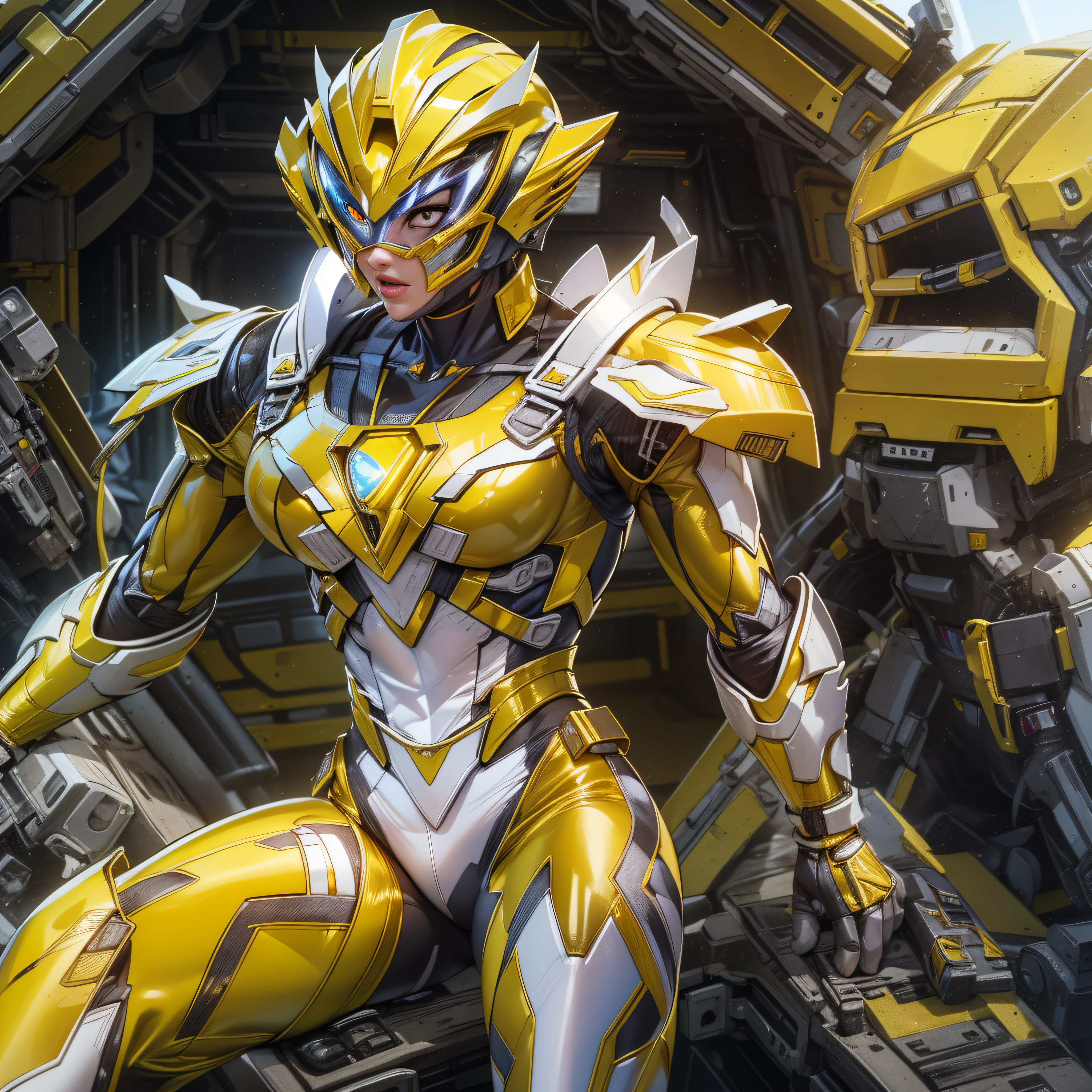 1woman, masterpiece,best quality, masterpiece, high detail,detailed face,detailed eyes,rendered eyes,perfect eyes,hip lines,ambient occlusion,crisp image,detailed,amazing,8k,8k wallpaper,8k in megazord cockpit background, high detailed skin,high res, ((male shot)), (running), yellow megazord, mecha, (sitting in megazord cockpit) ((solo)), (yellow chrome female Power Ranger), (((yellow chrome armor, yellow chrome Lion helmet, yellow chrome bodysuit, white belt, black eyes, white gloves))), (((white boots))), gold chrome armor, white gloves, yellow chrome bodysuit, vambraces, photo-realistic, ultra-realistic, unreal engine,