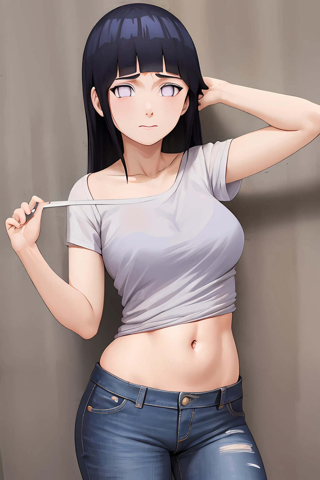 master part, absurdos, 1girl, Hinata\(Shippuden\), sozinho,Serafuku, camiseta sem mangas, tight jeans, barriga de fora, middlebreasts, pernas grossas