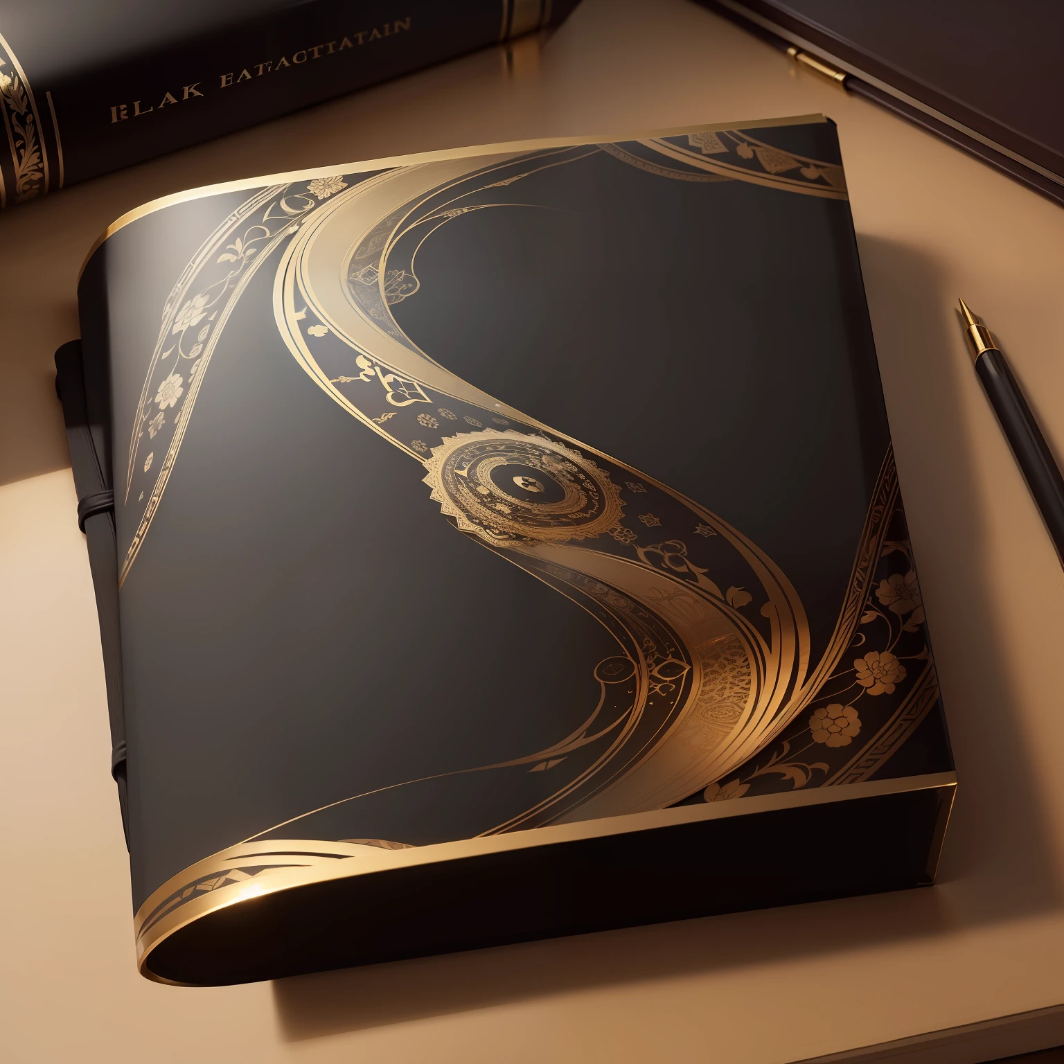 （best qualtiy， tmasterpiece）， best qualtiy， A high resolution， （best qualtiy， tmasterpiece），notebooks，Its black cover has a mysterious gold pattern，The lines are intertwined in the center of the front of the notebook，Form the pattern of the eyes。