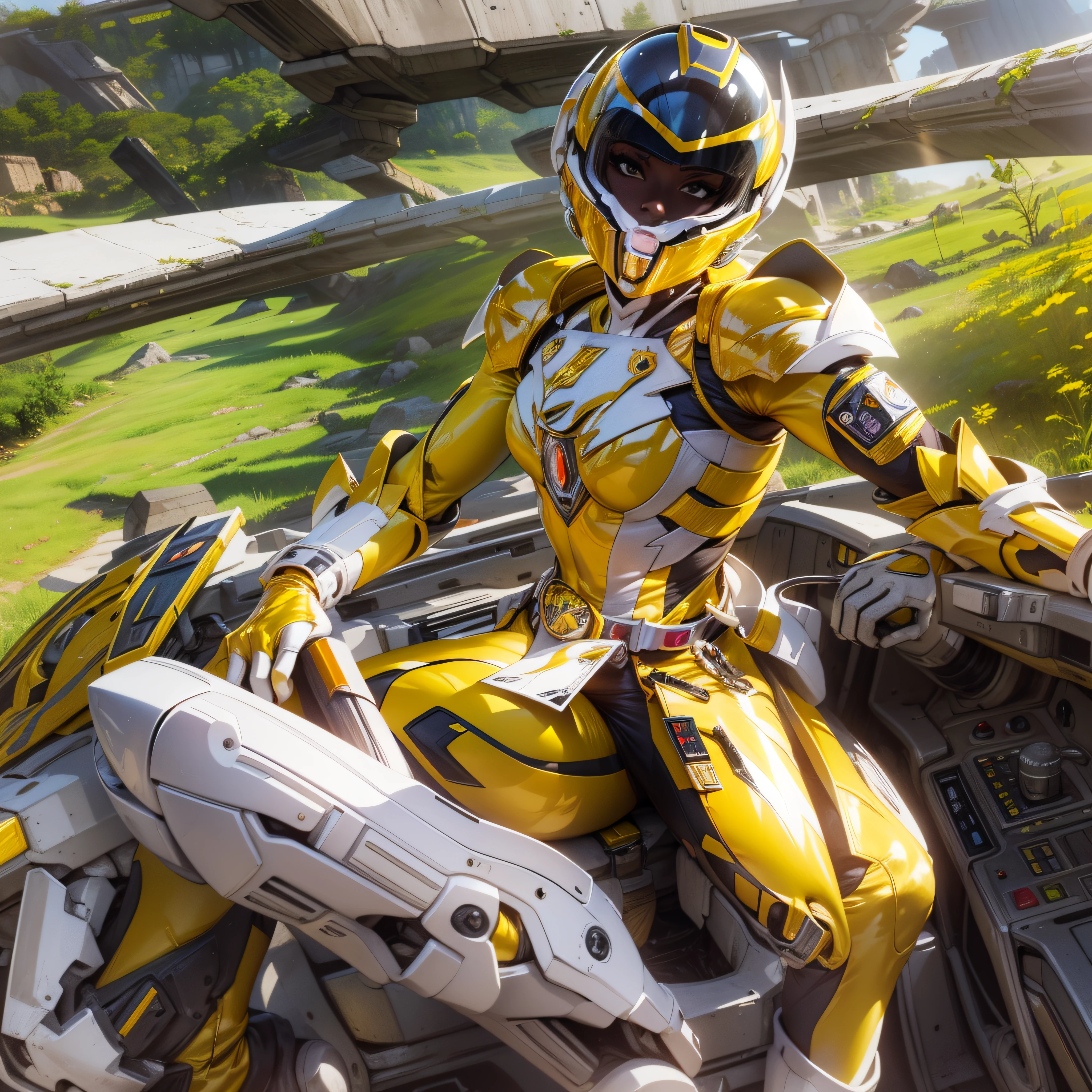 1woman, masterpiece,best quality, masterpiece, high detail,detailed face,detailed eyes,rendered eyes,perfect eyes,hip lines,ambient occlusion,crisp image,detailed,amazing,8k,8k wallpaper,8k in megazord cockpit background, high detailed skin,high res, ((male shot)), (running), yellow megazord, mecha, (sitting in megazord cockpit) ((solo)), (yellow chrome female Power Ranger), (((yellow chrome armor, yellow chrome Lion helmet, yellow chrome bodysuit, white belt, black eyes, white gloves))), (((white boots))), gold chrome armor, white gloves, yellow chrome bodysuit, vambraces, photo-realistic, ultra-realistic, unreal engine,