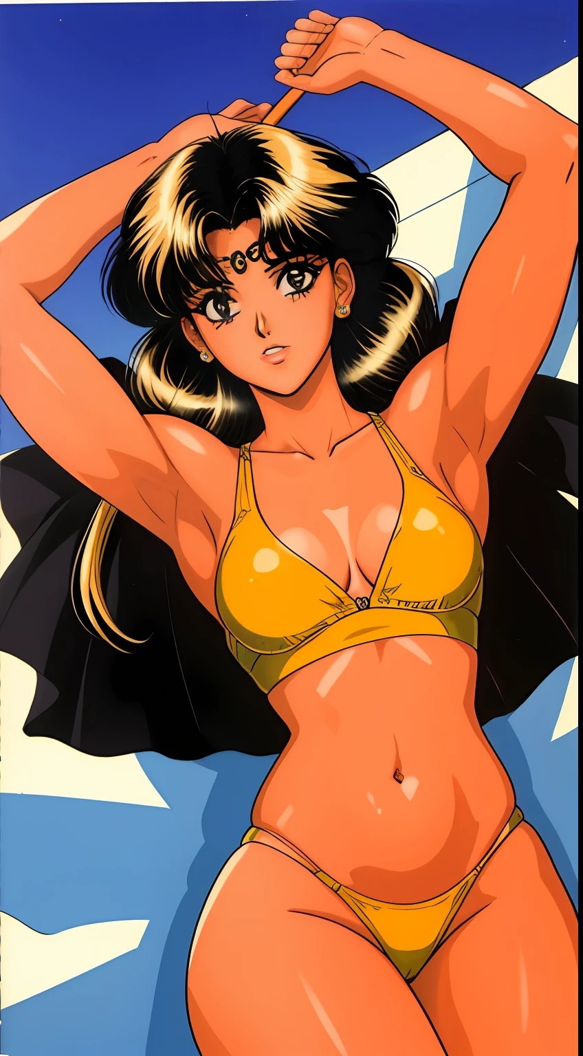 obra-prima, melhor qualidade, 1990s \ (estilo\), parte superior do corpo, seios enormes, guerreira, cabelo longo cachos