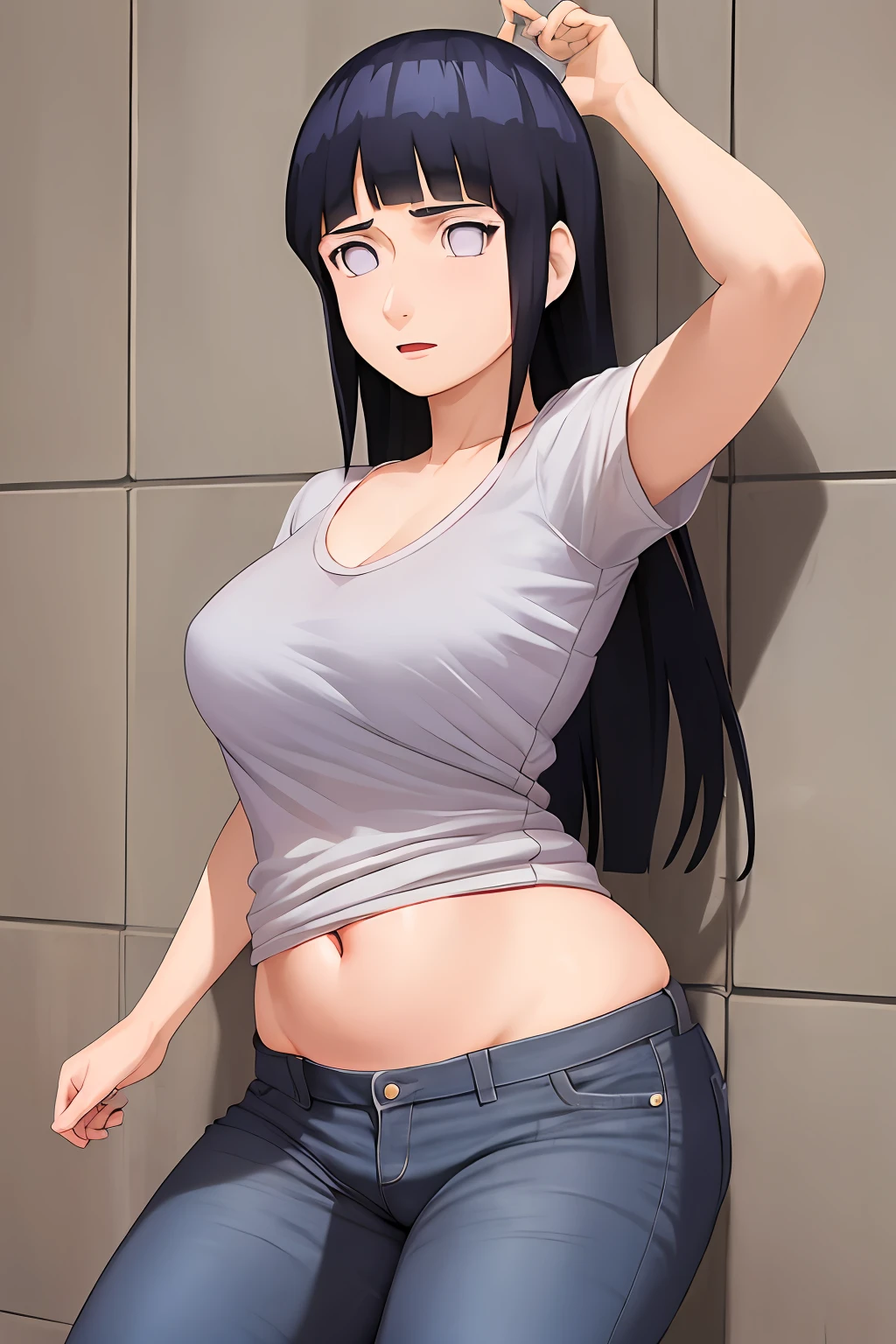 master part, Absurdo, 1girl, Hinata\(Shippuden\), sozinho,Serafuku, camiseta sem mangas, tight jeans, barriga de fora, middlebreasts, pernas grossas, quadril largo, cintura fina, gostosa