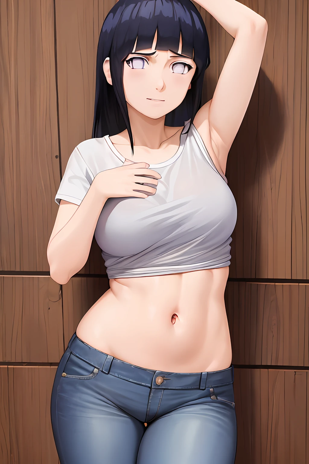 master part, Absurdo, 1girl, Hinata\(Shippuden\), sozinho,Serafuku, camiseta sem mangas, tight jeans, barriga de fora, middlebreasts,  pernas grossas, quadril largo, cintura fina, gostosa