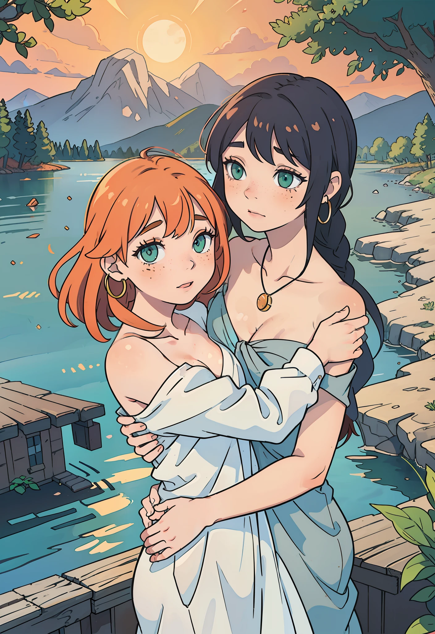 2 girl, couple, hug, redhead hair, braided hair style, serene expression, mesmerizing green eyes, green pupils, (completely naked, fully naked), poised posture, small breast, freckles, freckles, freckles all over body, hands up behind the head, armpit, collarbone, blushed, (pubic hair freshly shaved):1.2, subtle blush, silver pendant, hoop earrings, golden hour, (rim lighting):1.2, warm tones, sun flare, soft shadows, vibrant colors, painterly effect, dreamy atmosphere, scenic lake, distant mountains, lodge background, willow tree, calm water, reflection, sunlit clouds, peaceful ambiance, idyllic sunset, ultra detailed, official art, unity 8k wallpaper, zentangle, mandala
