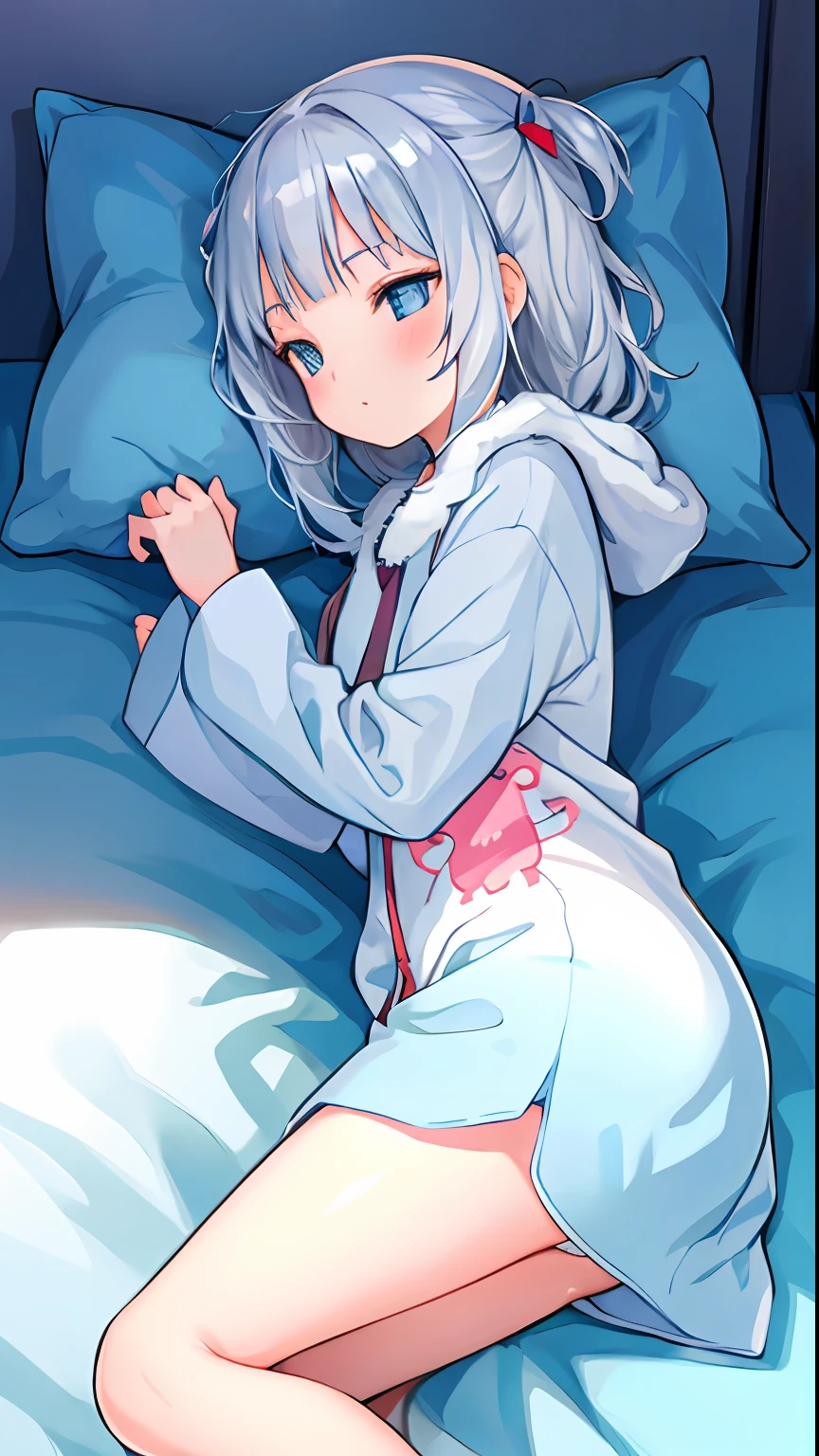 beautiful illustration, best quality, cute girl, bed, lying, sleeping, pillow, pajamas, thigh, silver hair, moody lighting, from side