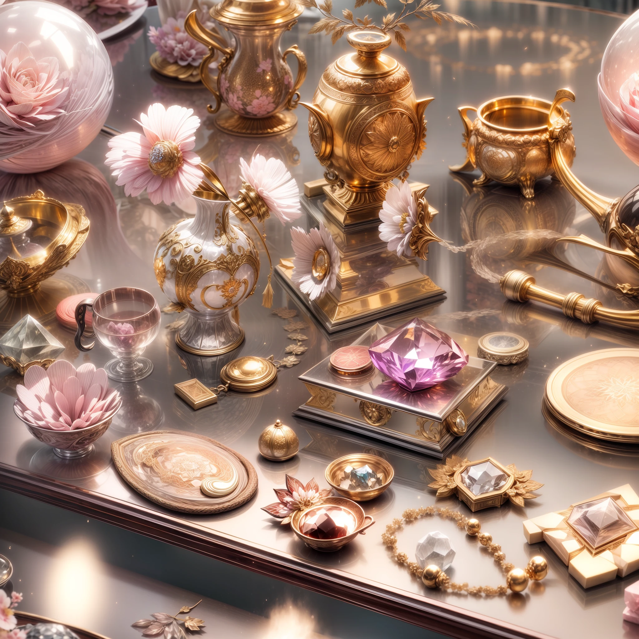 Japanese style,(Full Focus),Antiques on the tabletop,Jewelry on the tabletop,Crystal gemstone on tabletop,Gold and silver products,Pink and white color scheme,Magic symbols,Magic light particle effect,high - tech,luxury goods, High-value jewelry,,High-value metals,luxury goods,Puzzles are prohibited, Detailed and complex background, glittery, reflective light, hyper HD, Award-Awarded, A high resolution, High detail, Chiaroscuro, Cinematic lighting, Masterpiece, Ray traching,structurally correct, Super detail, High quality, High details, Best quality, 16k