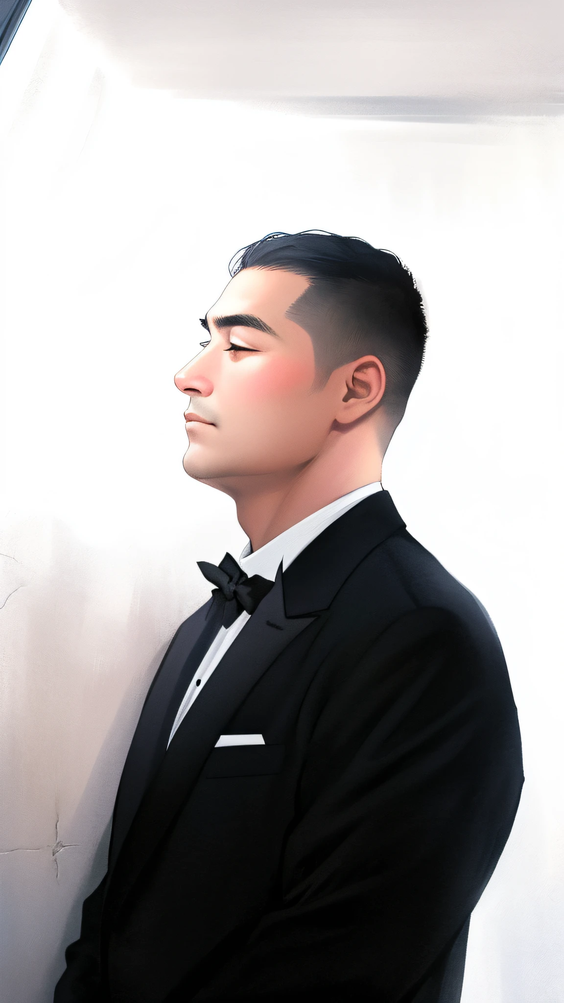 There was a man in a tuxedo,Close your eyes,standing leaning against the wall,side profile portrait,The eyes are relatively small,Fewer eyebrows,The face is fatter