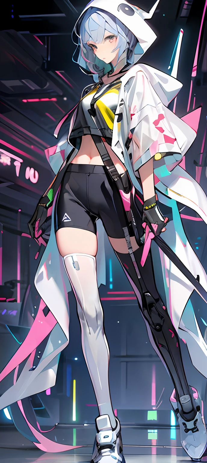 [（white backgrounid：1.5）：：5]，（tmasterpiece：1.2）， best qualtiy，realisticlying，
Cyberworld，see-through transparent clothes，1girll，glowing weapon，White color hair。Loose-fit hoodie。4k高清。A large number of faceless pedestrians。