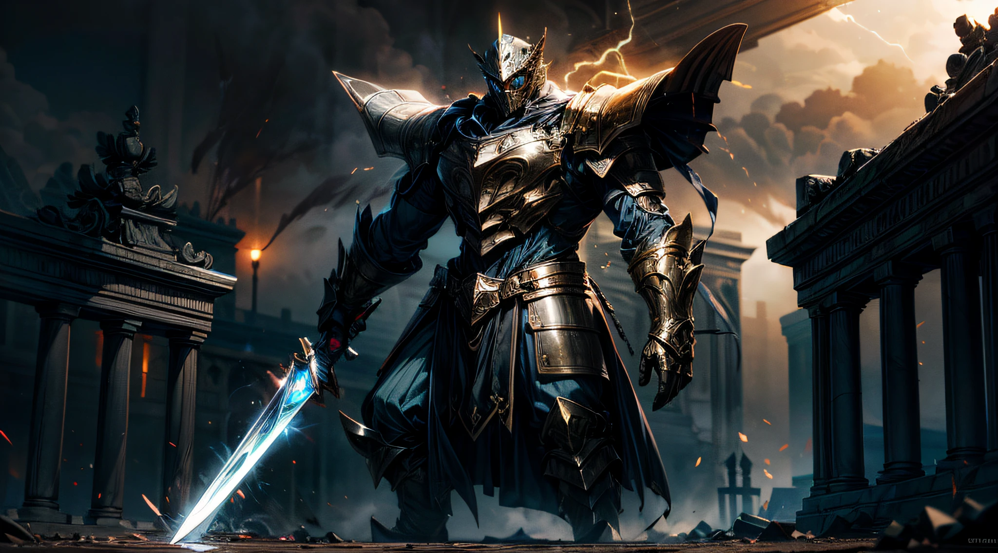 (16k, RAW photos, maximum quality, masterpiece: 1.2), (full body), 1man wearing robust black armor emitting tron circuit luminosity intricate to detail, helm with flaming red light coming out of his eyes an extremely murderous aura, supported with both hands on a giant sword, shining, well detailed \excalibur\ with gold and silver a powerful shining blade capable of splitting the earth in half, with writings carved with luminous details, the emanation of absolute power, generating sparks and steam around it passing this gigantic energy for the sword wielder, standing in the cemetery looking at the viewer as the fog spreads across the ground, (focus on the sword), extremely detailed image.