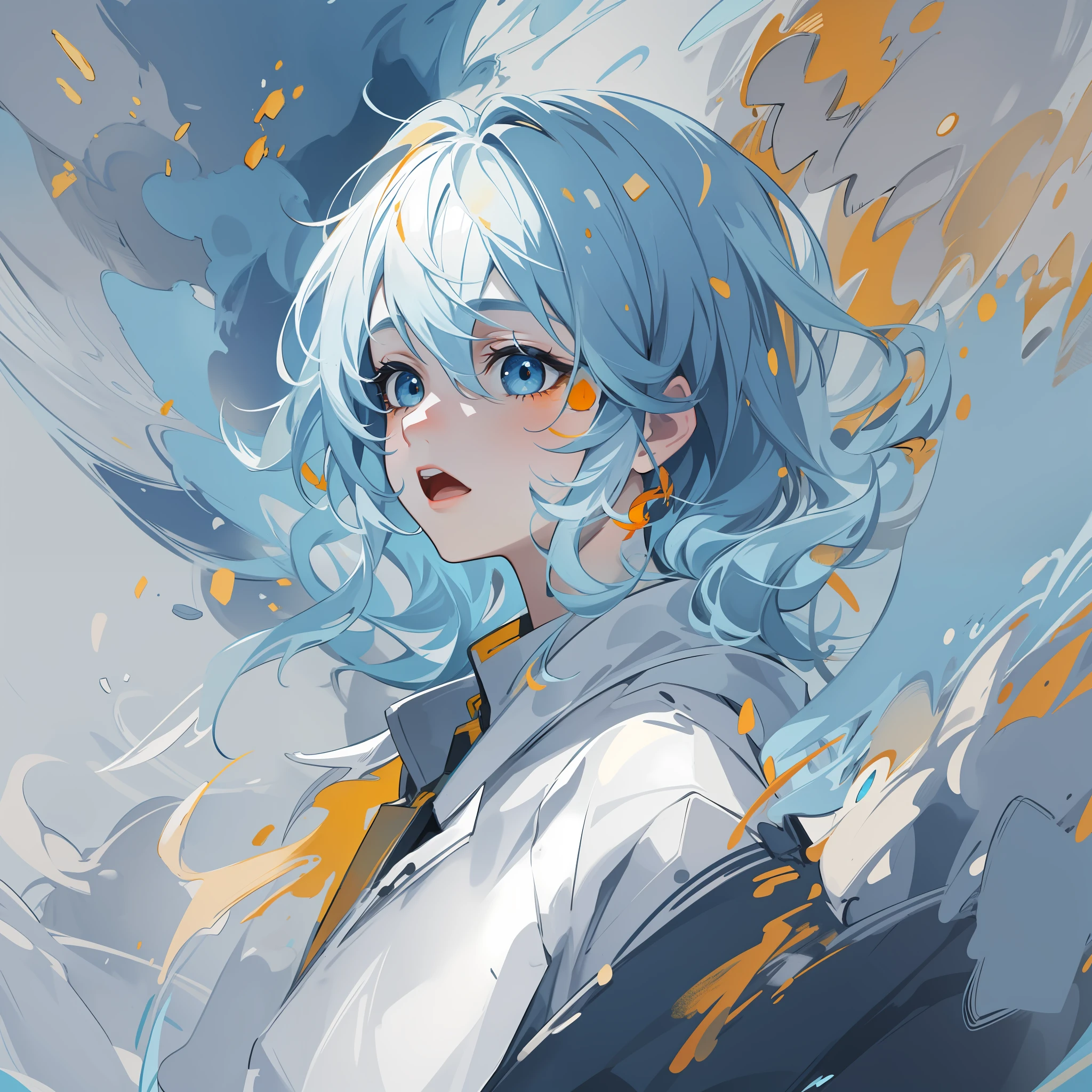 Minimalist, large area of blue, animation art style, palette bright, oshare kei, dark white and amber, loose strokes, dark white and light sky blue, Senqi, precision painting, Traincore,k-pop