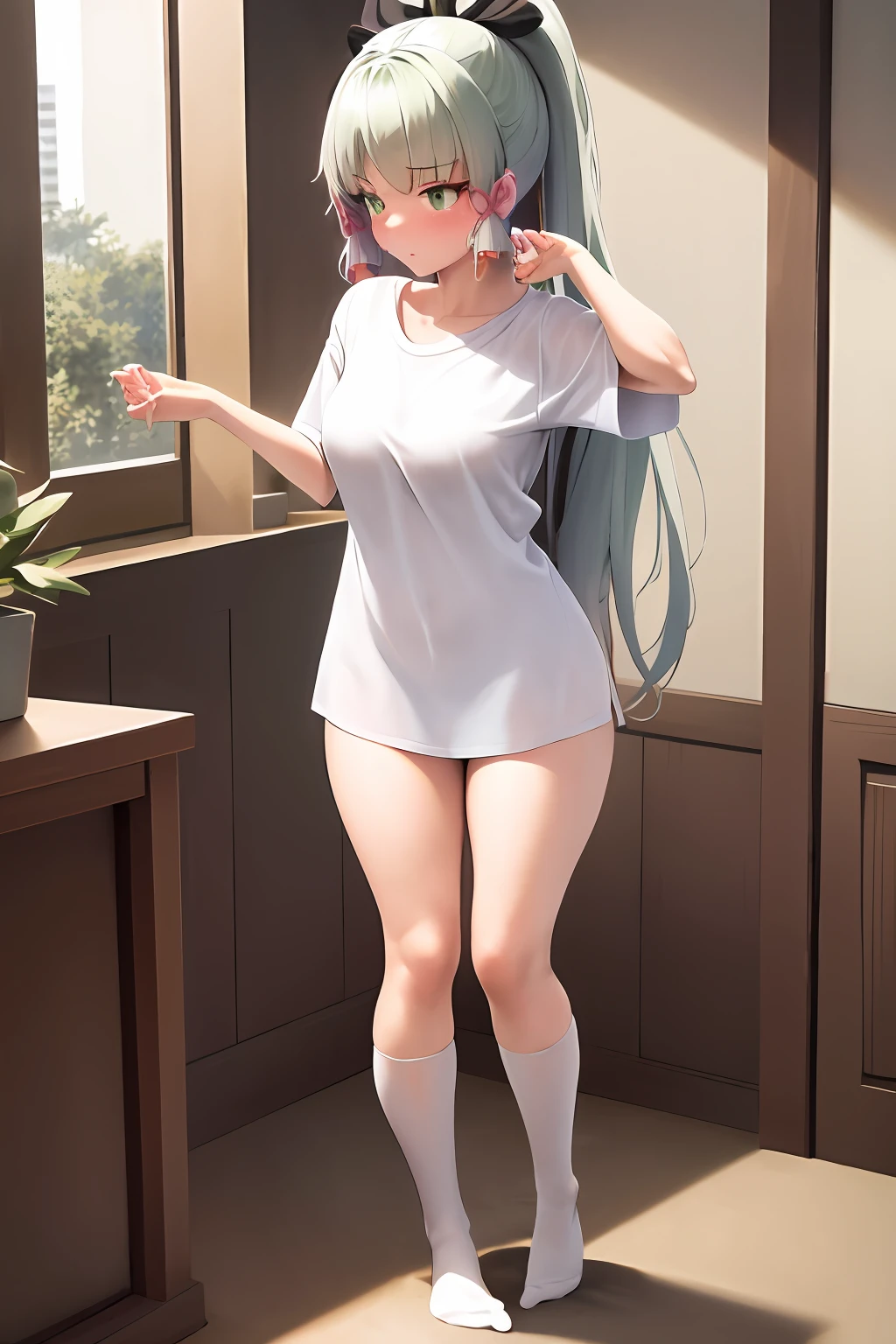 Full body view, feet in few, 1girl, white t shirt, medium breasts, thick thighs, embarrassed, blush, black thigh high socks,
ponytail, green hair, long hair, green eyes,
full body, standing,
sonozaki mion,
shirt tug, naked shirt,
indoors, living room,