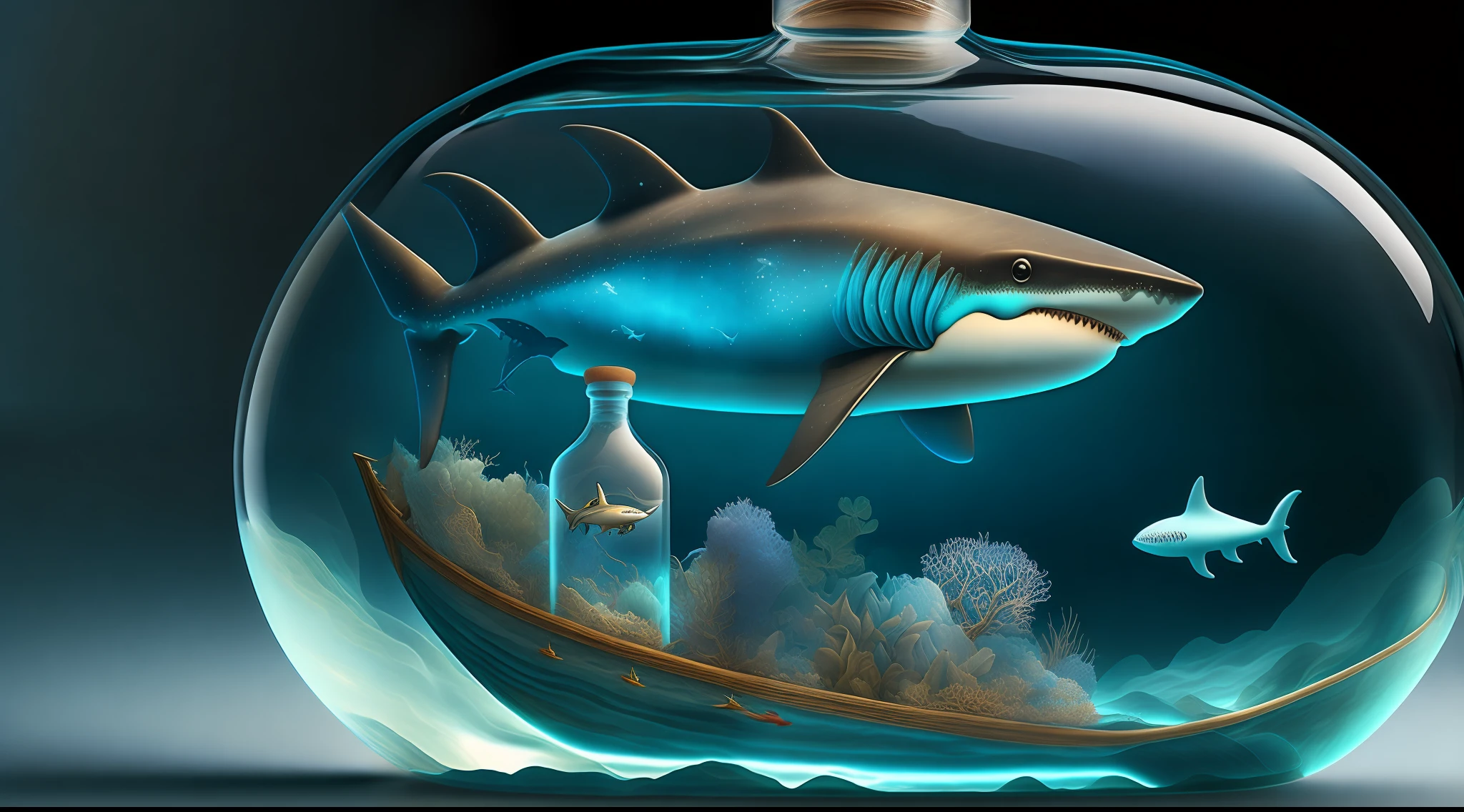 Ocean inside a bottle glass,shark,ship,high resolution,super detail,japnaese style,32k