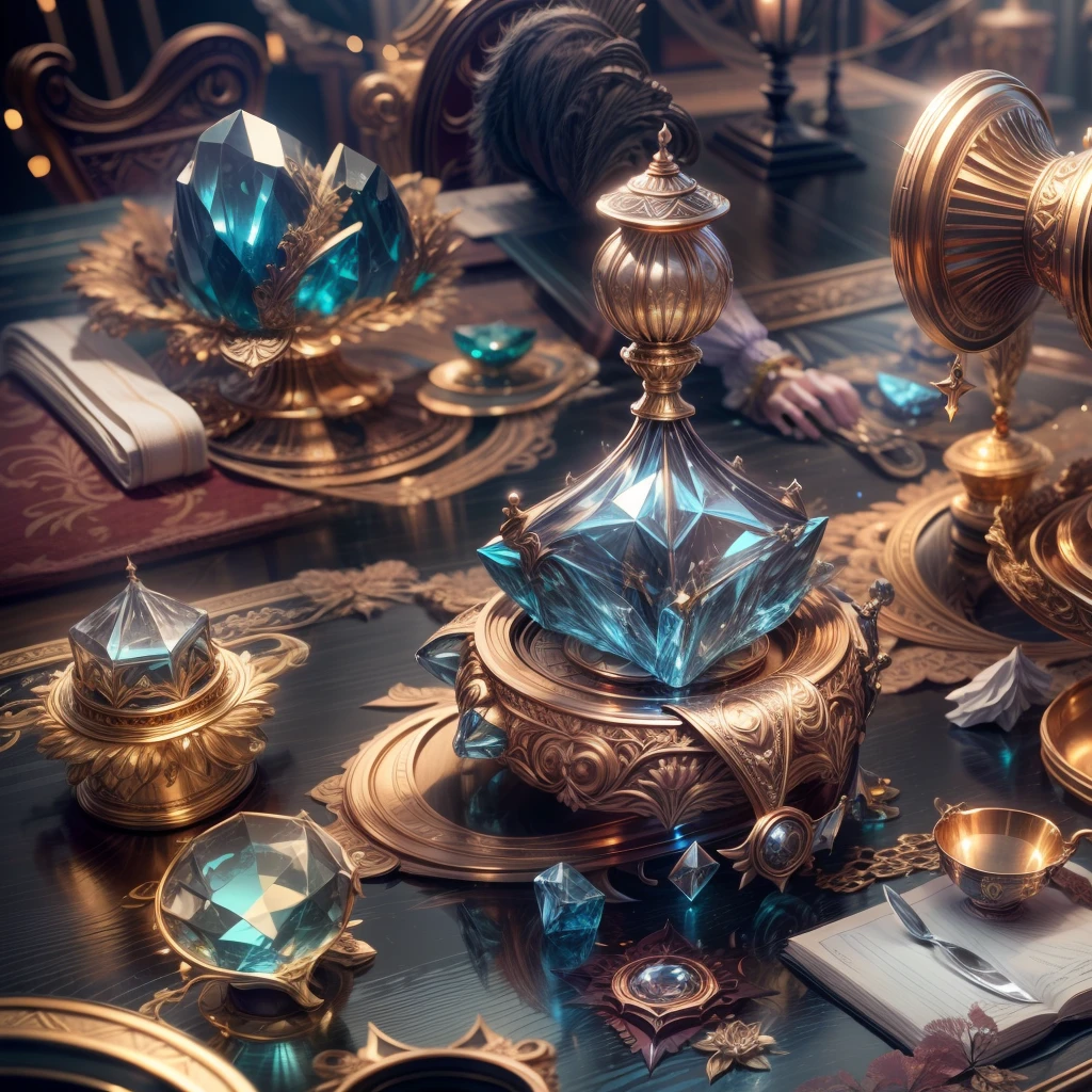 European style,(Full Focus),Antiques on the tabletop,Jewelry on the tabletop,Crystal gemstone on tabletop,Gold and silver products,Magic symbols,Magic light particle effect,high - tech,luxury goods, High-value jewelry,,High-value metals,luxury goods,Puzzles are prohibited, Detailed and complex background, glittery, reflective light, hyper HD, Award-Awarded, A high resolution, High detail, Chiaroscuro, Cinematic lighting, Masterpiece, Ray traching,structurally correct, Super detail, High quality, High details, Best quality, 16k