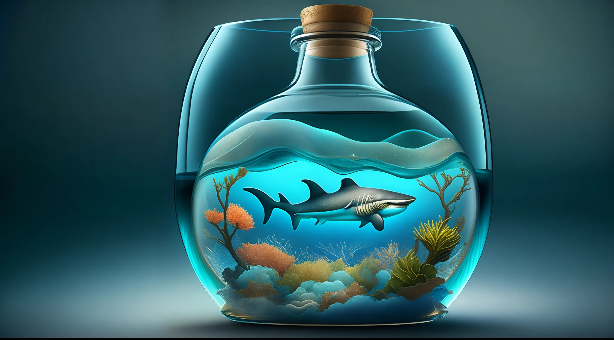 Ocean inside a bottle glass,shark,ship,high resolution,super detail,japnaese style,32k