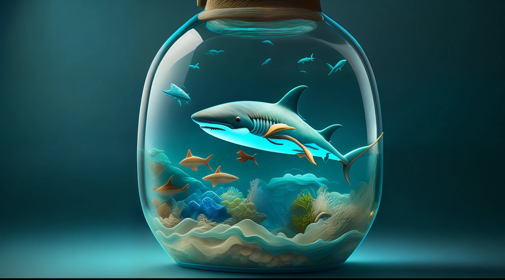 Ocean inside a bottle glass,shark,ship,high resolution,super detail,japnaese style,32k