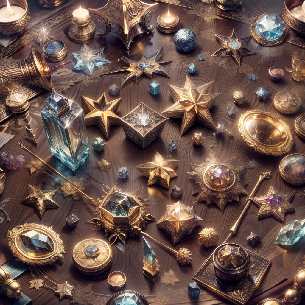 European style,(Full Focus),Antiques on the tabletop,Jewelry on the tabletop,Crystal gemstone on tabletop,Gold and silver products,Magic symbols,Magic light particle effect,high - tech,luxury goods, High-value jewelry,,High-value metals,luxury goods,Puzzles are prohibited, Detailed and complex background, glittery, reflective light, hyper HD, Award-Awarded, A high resolution, High detail, Chiaroscuro, Cinematic lighting, Masterpiece, Ray traching,structurally correct, Super detail, High quality, High details, Best quality, 16k