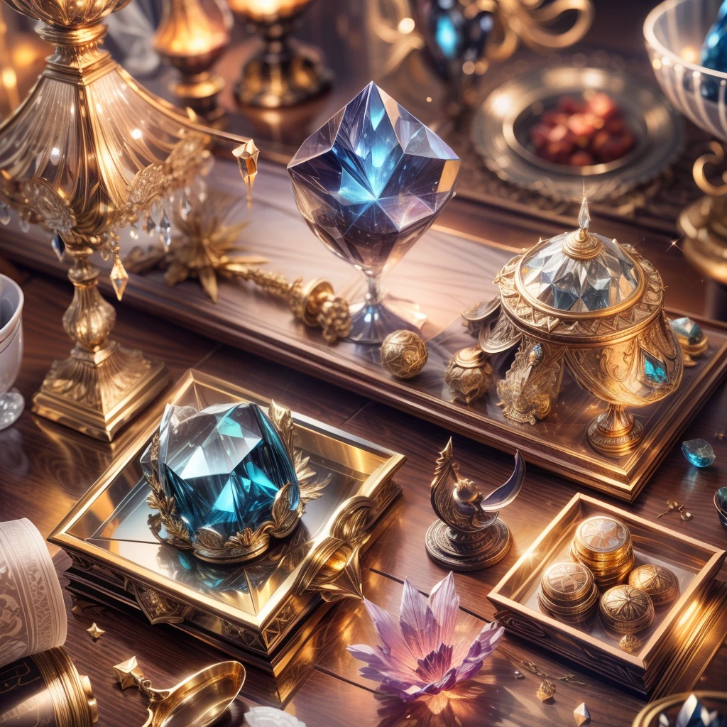 European style,(Full Focus),Antiques on the tabletop,Jewelry on the tabletop,Crystal gemstone on tabletop,Gold and silver products,Magic symbols,Magic light particle effect,high - tech,luxury goods, High-value jewelry,,High-value metals,luxury goods,Puzzles are prohibited, Detailed and complex background, glittery, reflective light, hyper HD, Award-Awarded, A high resolution, High detail, Chiaroscuro, Cinematic lighting, Masterpiece, Ray traching,structurally correct, Super detail, High quality, High details, Best quality, 16k