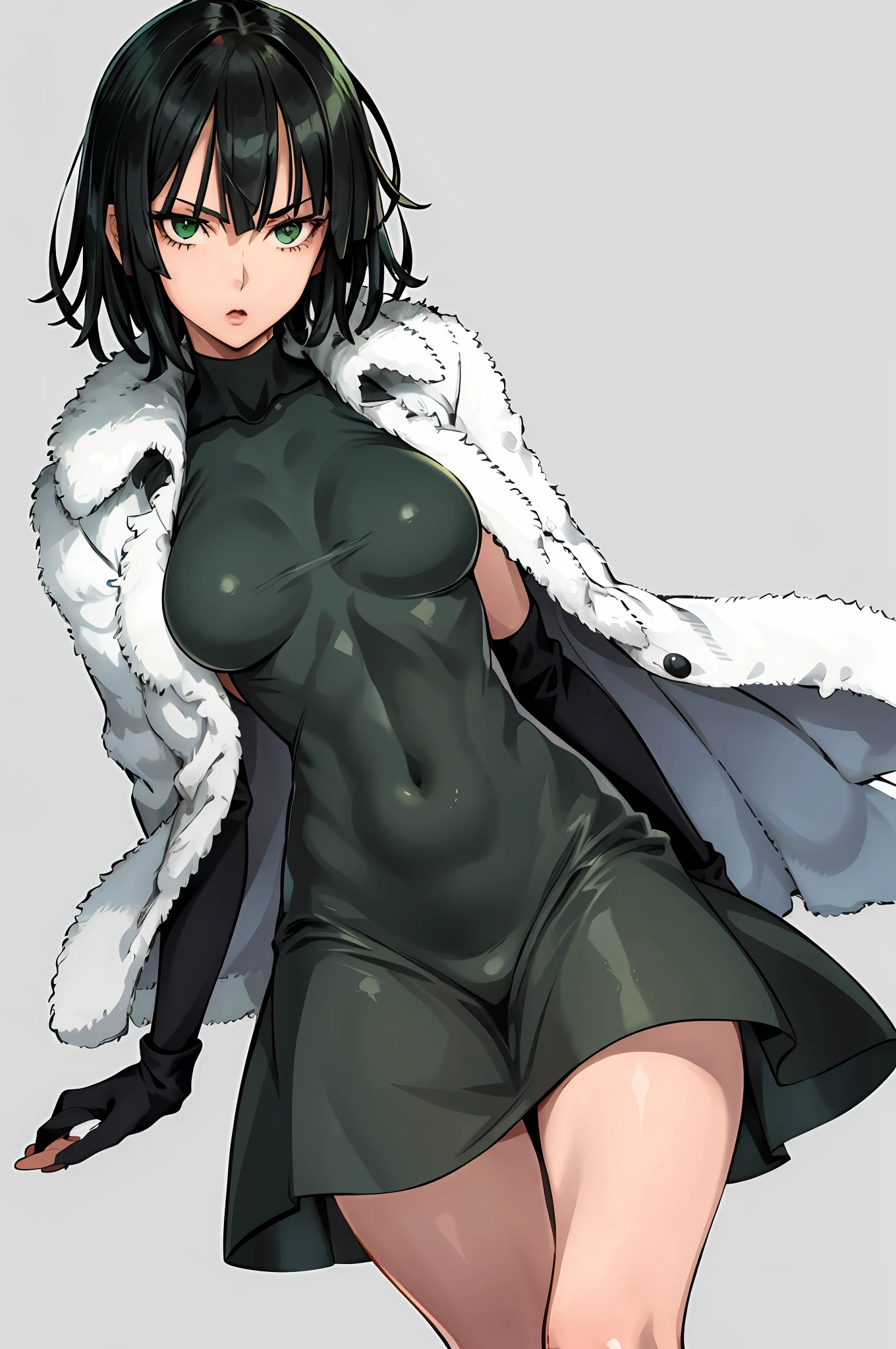 fubuki, 1girl, solo, short dress, fur coat, green eyes, looking at viewer, leaning forward, arms behind back, thigh gap, simple background, heart