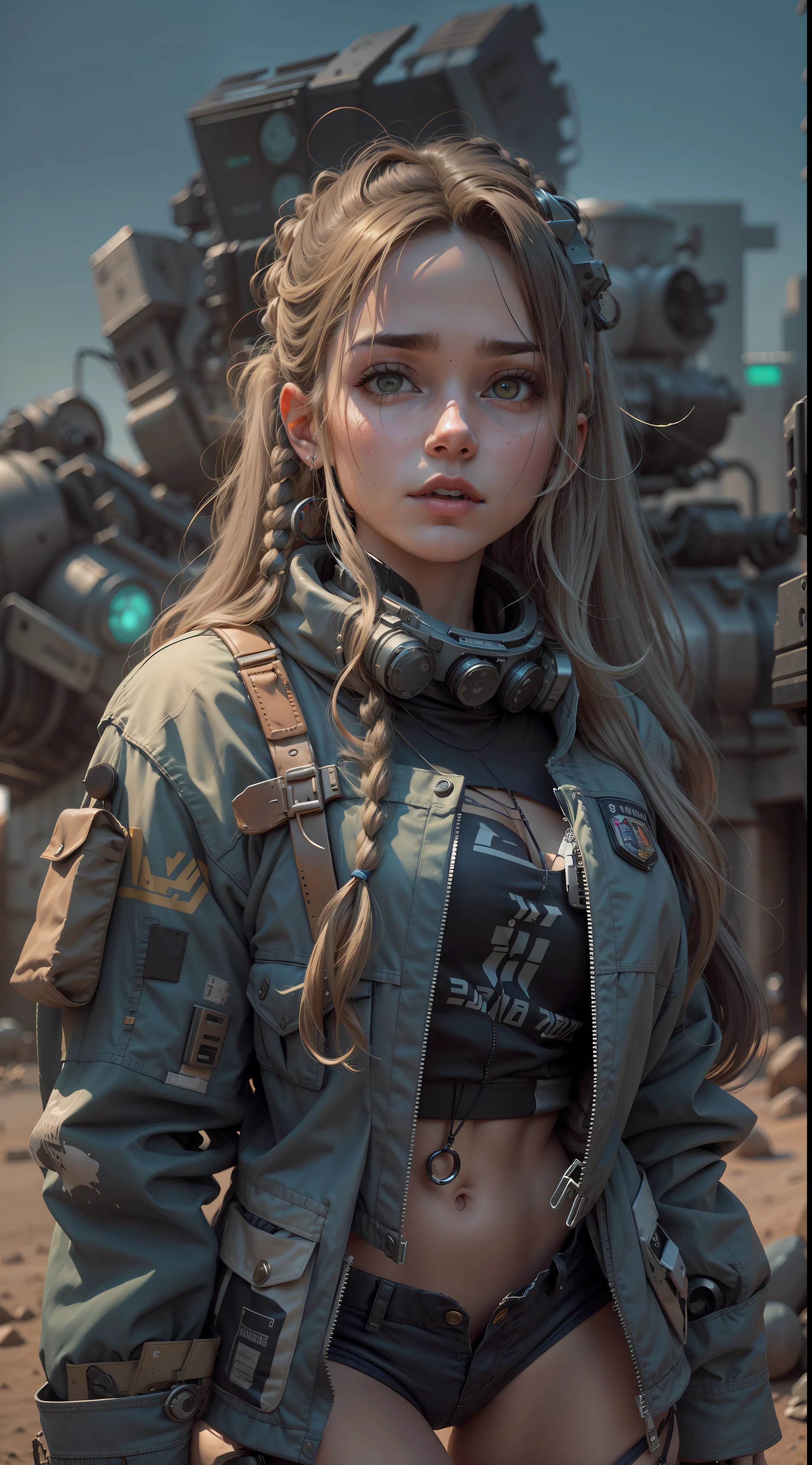 Uma garota loira com cabelo de pigtails , 18 years old she's inside a giant robot, shorts e jaqueta jeans rasgado, (dentro de um robo) armado e atirando, Post-apocalyptic background in the night desert, Bottom-up angular front camera, She has cyberpunk-style cybernetic prosthetics, Looking at camera from the front