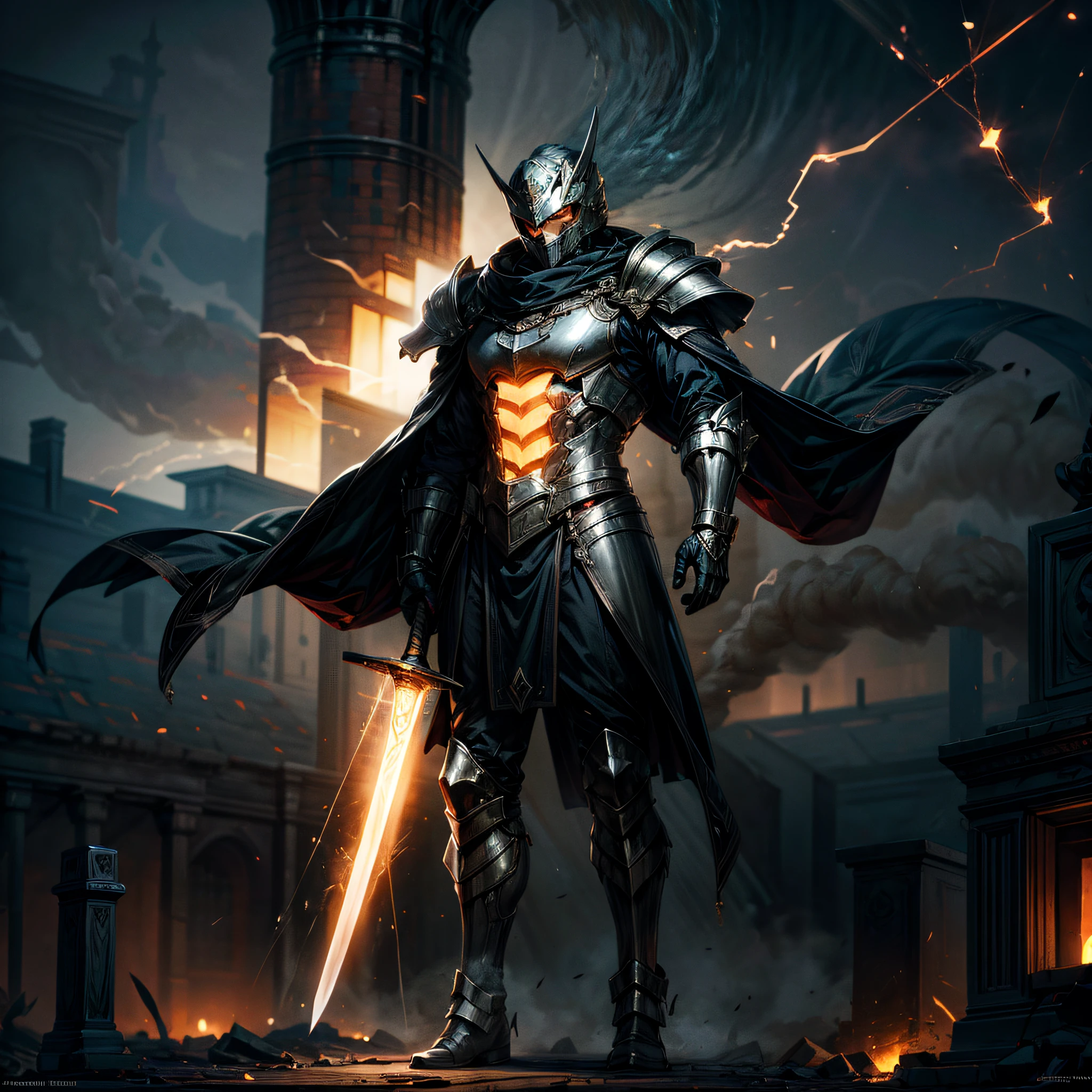 (16k, RAW photos, maximum quality, masterpiece: 1.2), (full body), 1man wearing robust black armor emitting tron circuit luminosity intricate to detail, helm with flaming red light coming out of his eyes an extremely murderous aura, supported with both hands on a giant sword, shining, well detailed \excalibur\ with gold and silver a powerful shining blade capable of splitting the earth in half, with writings carved with luminous details, the emanation of absolute power, generating sparks and steam around it passing this gigantic energy for the sword wielder, standing in the cemetery looking at the viewer as the fog spreads across the ground, (focus on the sword), extremely detailed image.
