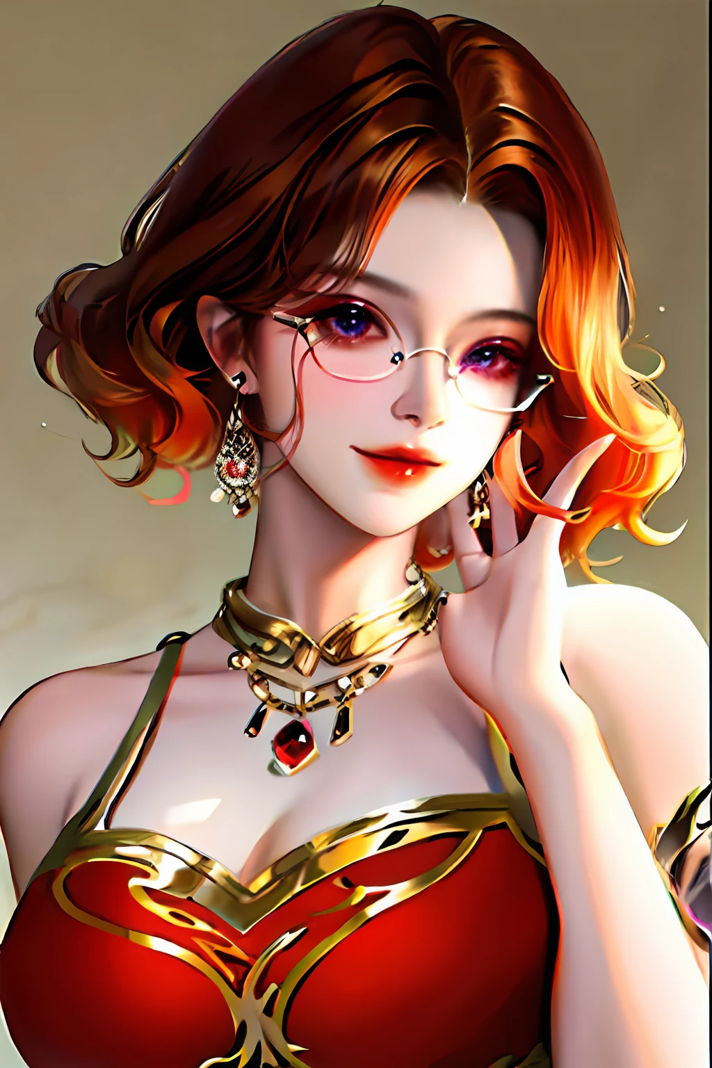 1meninas, bareshoulders, use of glasses, curly hair, curto, short hair, Shy smile, jewelries, olhando para o lado, Luvas, Peito plano, Red glasses, colar, roupas vermelhas e pretas, estilo anime, hands on the chest, peitos perfeitos, rosto, Sem camiseta, mostrando mama