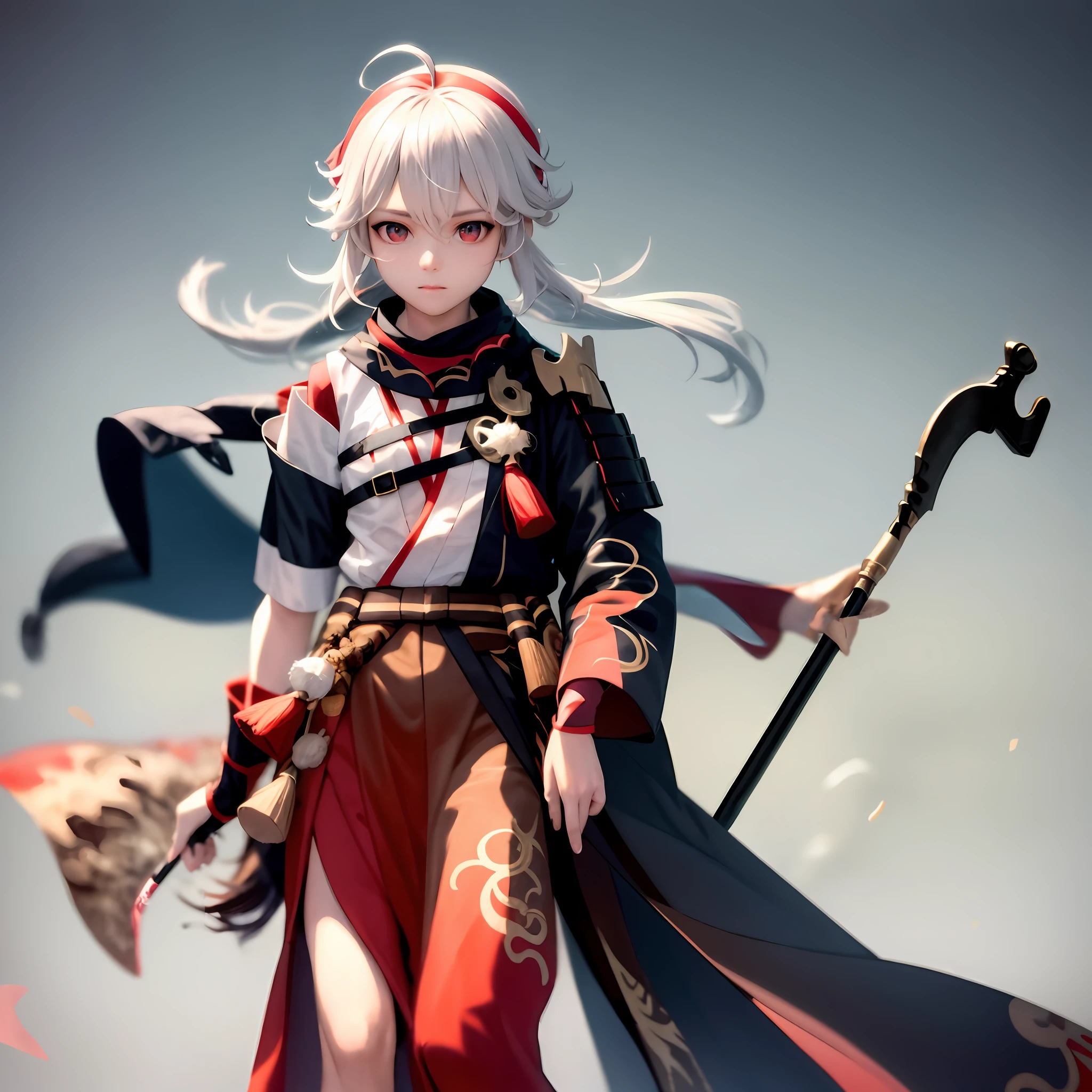 Dragon Girl，holding a long spear，white color hair，red color eyes，Hanfu，Ink wind