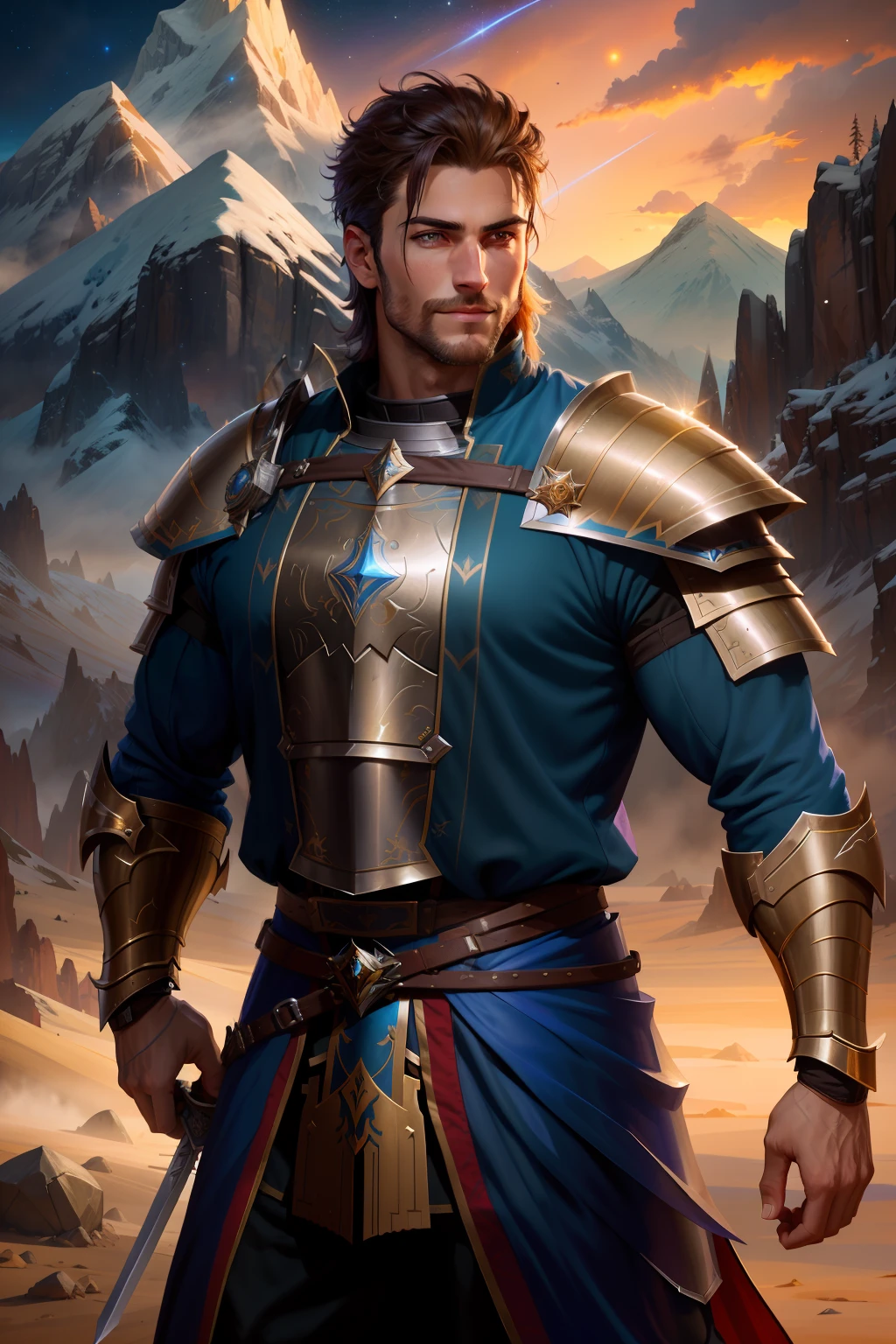 A man with a sword and armor stands in front of the mountain, Attractive strong male Pictures of adult male warriors, Male Warrior, portrait of a male warrior, A human male paladin, attractive male with armor, Amazing 8K character concept art, Male paladin, Fantasy art smug smug smiling man,glowing light eyes,galaxy background,