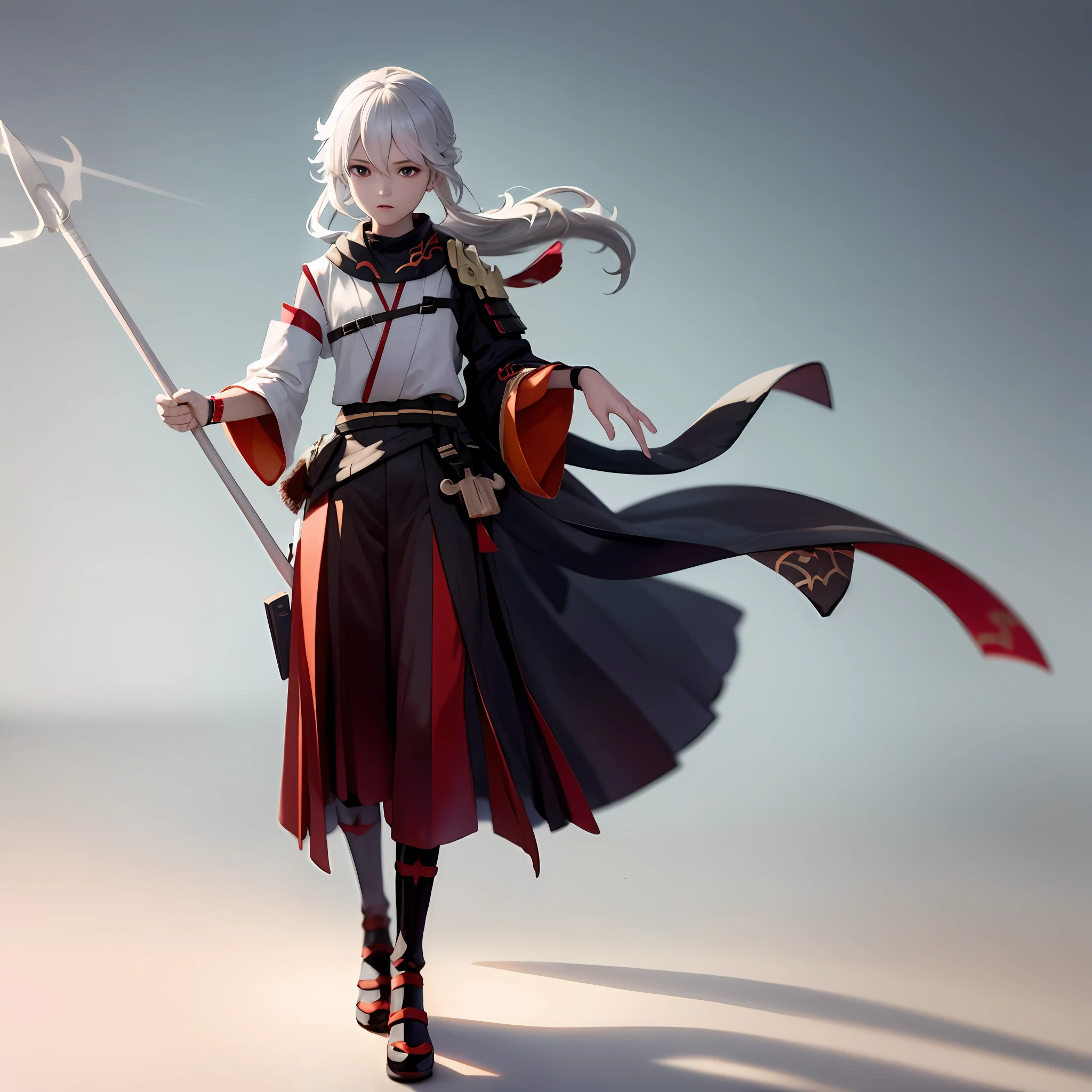 Dragon Girl,holding a long spear,white color hair,red color eyes,Hanfu,Ink wind