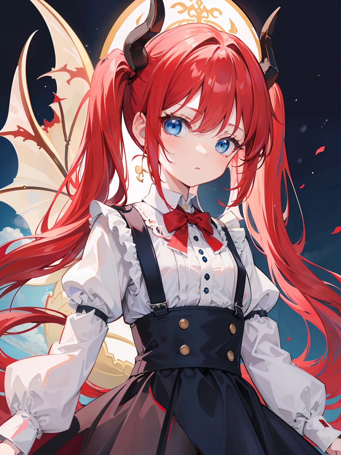 {{best quality}}, {{masterpiece}}, {{ultra-detailed}}, {illustration}, {detailed light}, red hair,blue eyes,twintails,ta,Suspenders skirt,Fantastic,lolio,Dragon horns,little gir