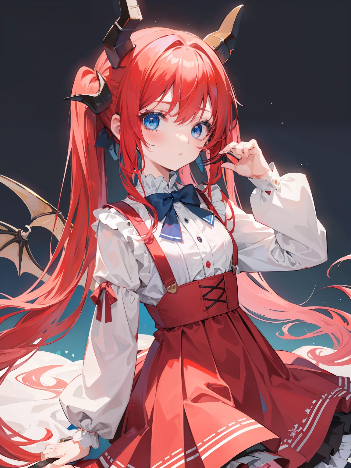 {{best quality}}, {{masterpiece}}, {{ultra-detailed}}, {illustration}, {detailed light}, red hair,blue eyes,twintails,ta,Suspenders skirt,Fantastic,lolio,Dragon horns,little gir