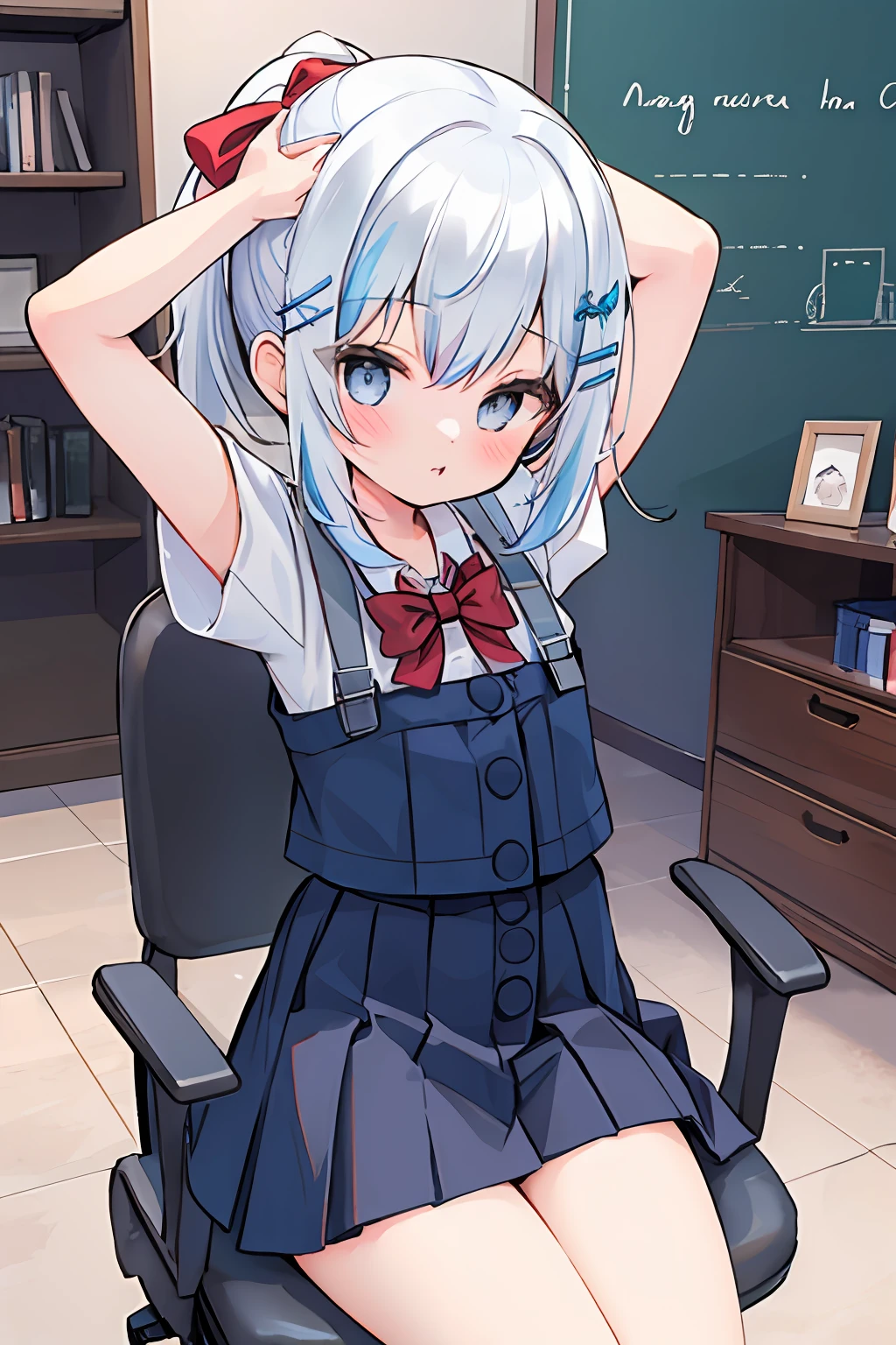 1girl, skirt, solo, blue hair, sitting, hair ornament, shirt, blue eyes, white shirt, hairclip, bow, chair, tying hair, black skirt, ponytail, short sleeves, pleated skirt, red bow, hair tie in mouth, mouth hold, bowtie, looking at viewer, school uniform, blush, red bowtie, hair tie, bangs, arms up, long hair, collared shirt, indoors, midriff peek, hair between eyes, thighs, on chair