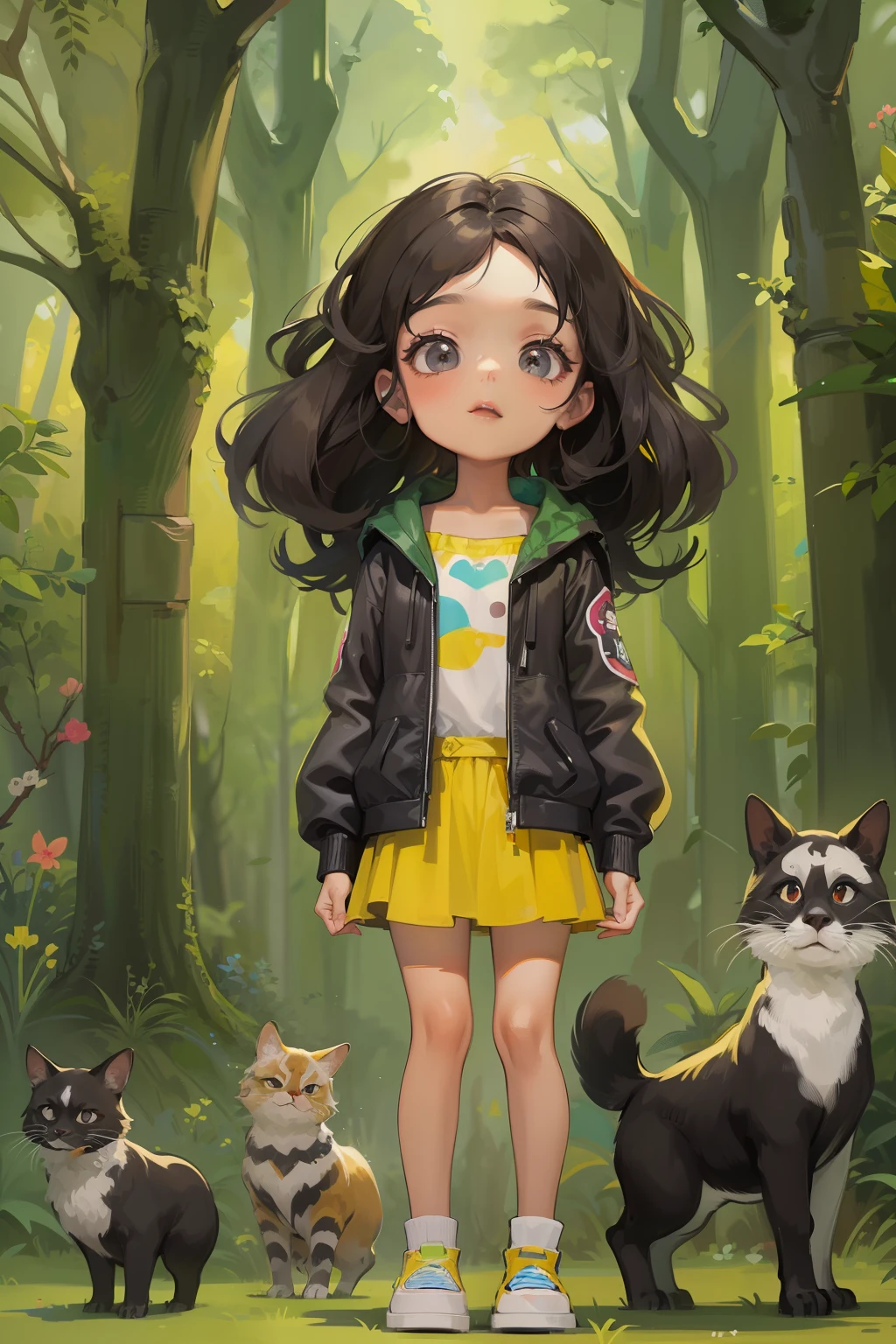 Menina de 4 anos, com cabelo liso e preto abaixo dos ombros, vestida com uma roupa camponesa bem simples, brincando com animais na floresta, with poses and facial expressions in the style of children's illustrations, de forma simples, fofa e colorida.