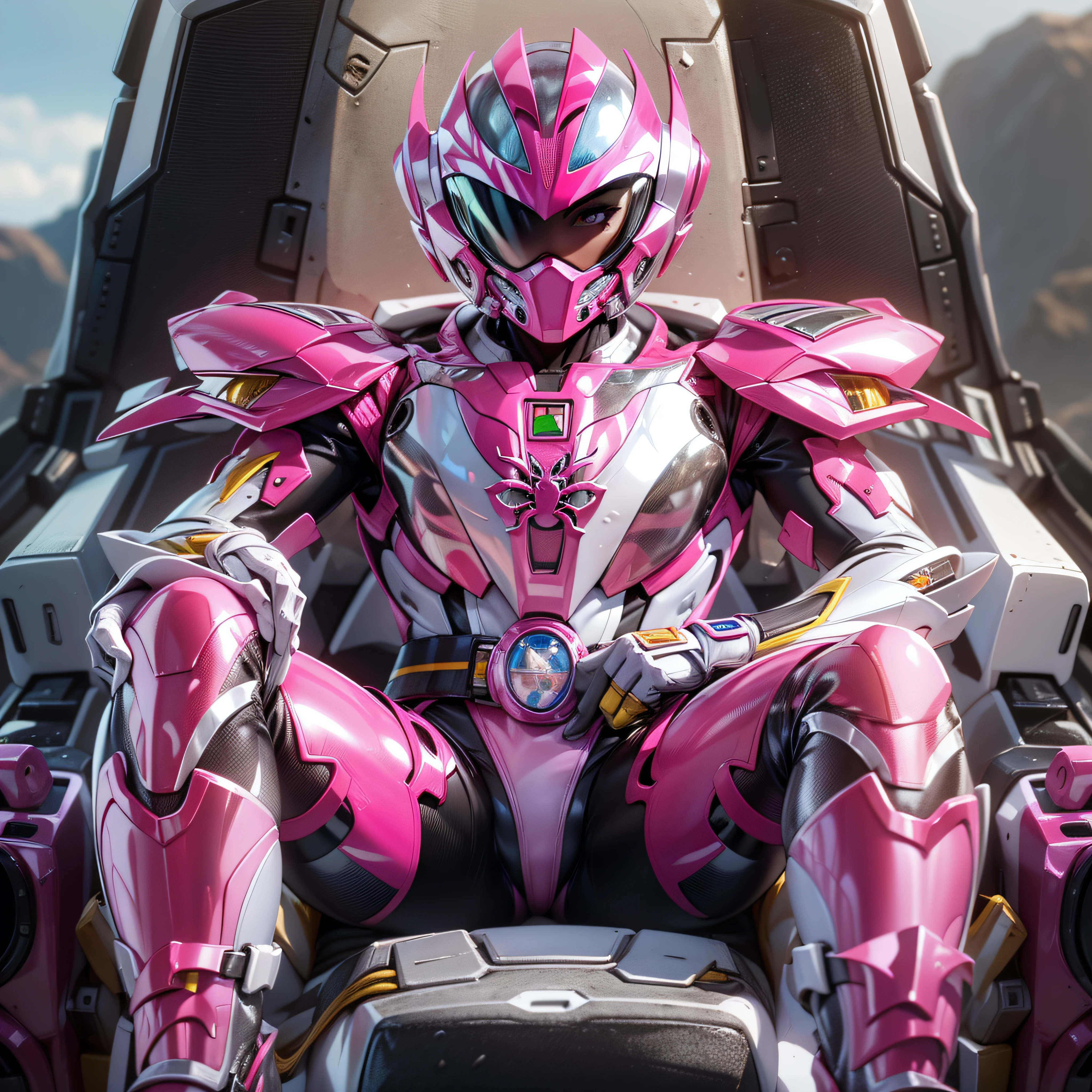 1woman, masterpiece,best quality, masterpiece, high detail,detailed face,detailed eyes,rendered eyes,perfect eyes,hip lines,ambient occlusion,crisp image,detailed,amazing,8k,8k wallpaper,8k in megazord cockpit background, high detailed skin,high res, ((male shot)), (running), pink megazord, mecha, (sitting in megazord cockpit) ((solo)), (pink chrome female Power Ranger), (((pink chrome armor, pink chrome spider helmet, pink chrome bodysuit, white belt, black eyes, white gloves))), (((white boots))), gold chrome armor, white gloves, pink chrome bodysuit, vambraces, photo-realistic, ultra-realistic, unreal engine,