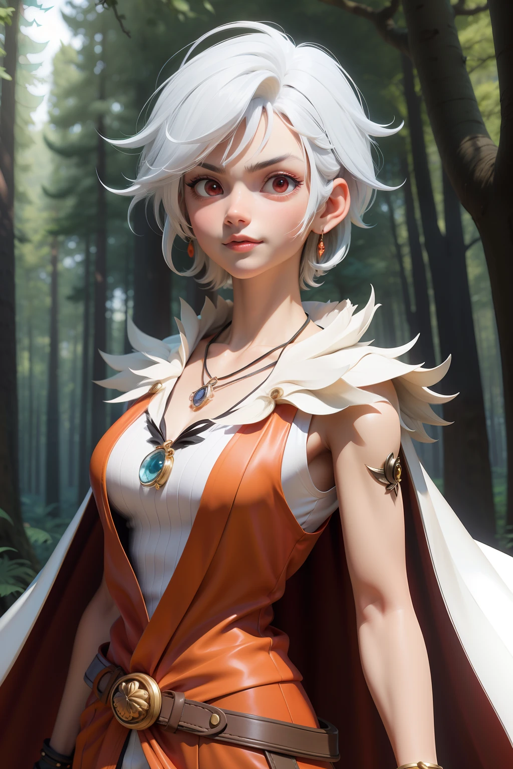 mj3d style,3dmm,3d,(masterpiece, best quality:1.1), ghibli style, Luffy \(One Piece\), 1boy, armlet, bangs, white hair, black undershirt, breasts, cape, circlet, earrings, floating hair, forest, fur cape, red eyes, jewelry, looking at viewer, medium breasts, nature, necklace, outdoors, parted bangs, shirt, short hair, sleeveless, sleeveless shirt, solo, tooth necklace, tree, upper body, white shirt