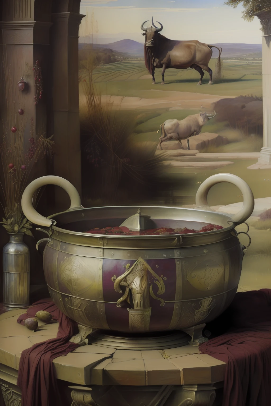 (((Pre-Raphaelite painting of a sacrificed bull, Blood in a Cauldron, videira e parreira carregada de uvas, paisagem celta)))