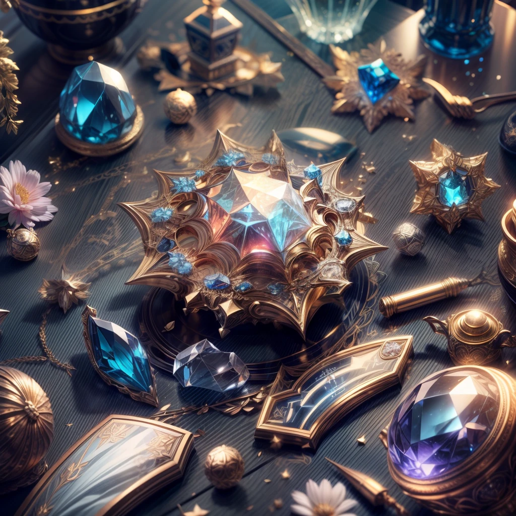 Russian style,(Full Focus),Antiques on the tabletop,Jewelry on the tabletop,Crystal gemstone on tabletop,Gold and silver products,Blue and white color scheme,Magic symbols,Magic light particle effect,high - tech,luxury goods, High-value jewelry,,High-value metals,luxury goods,Puzzles are prohibited, Detailed and complex background, glittery, reflective light, hyper HD, Award-Awarded, A high resolution, High detail, Chiaroscuro, Cinematic lighting, Masterpiece, Ray traching,structurally correct, Super detail, High quality, High details, Best quality, 16k