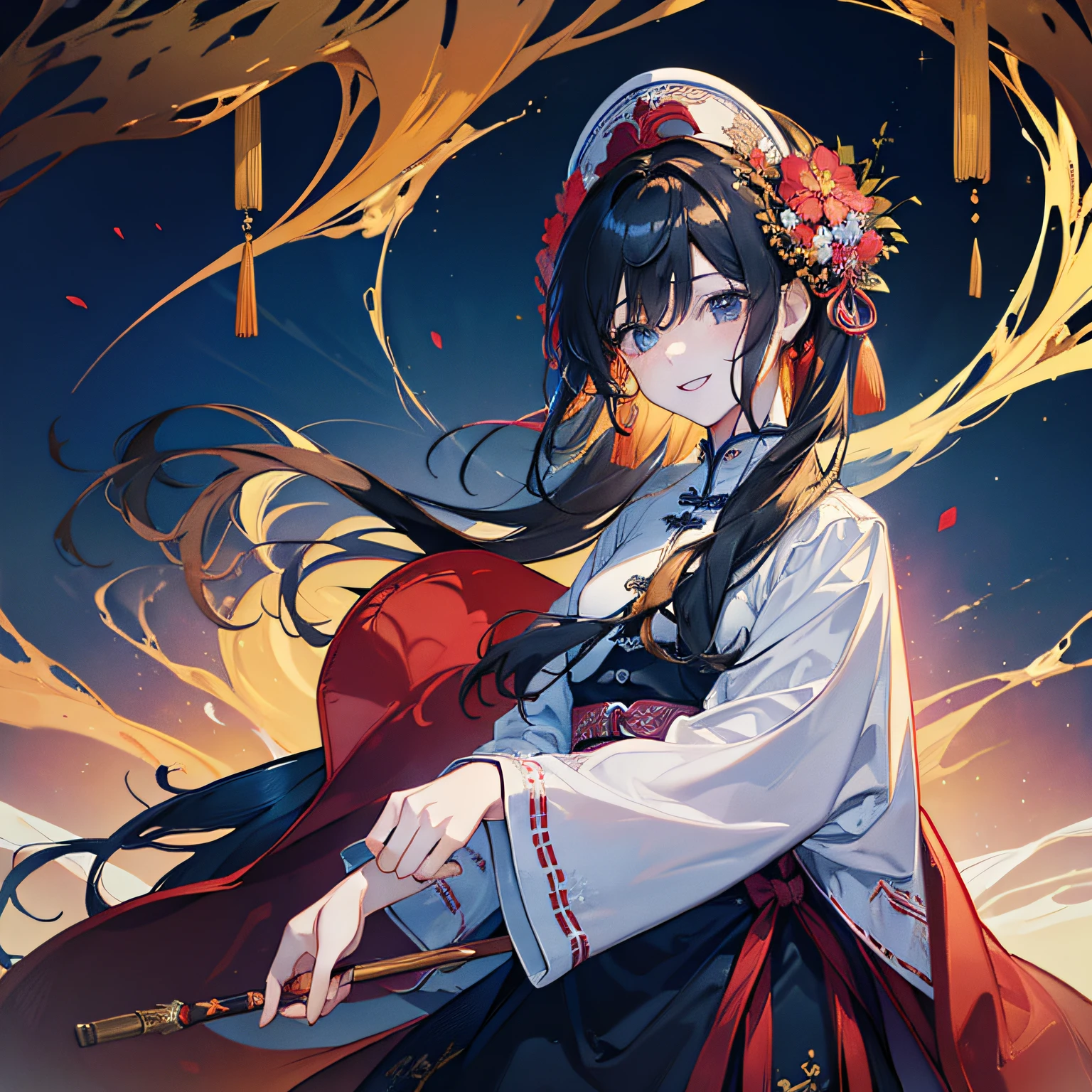 (in 8K、top-quality、masterpiece:1.2)、1人の女性、(Smiling smile:1.1)、beautidful eyes、Valley、The upper part of the body、length hair、Like a boy、poneyTail、Red scenery、