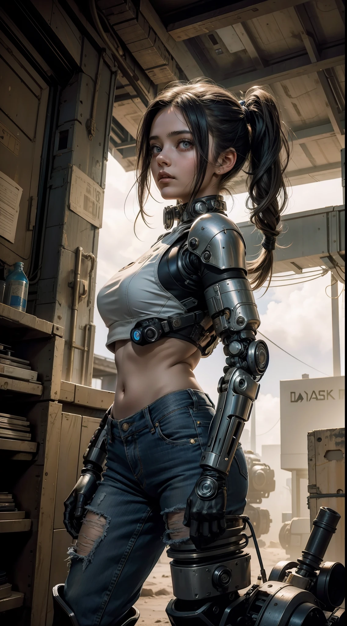 Uma garota loira com cabelo de pigtails , 18 years old she's inside a giant robot, shorts e jaqueta jeans rasgado, (dentro de um  robo) armado e atirando, Post-apocalyptic background in the night desert, Bottom-up angular front camera, She has cyberpunk-style cybernetic prosthetics, Looking at camera from the front