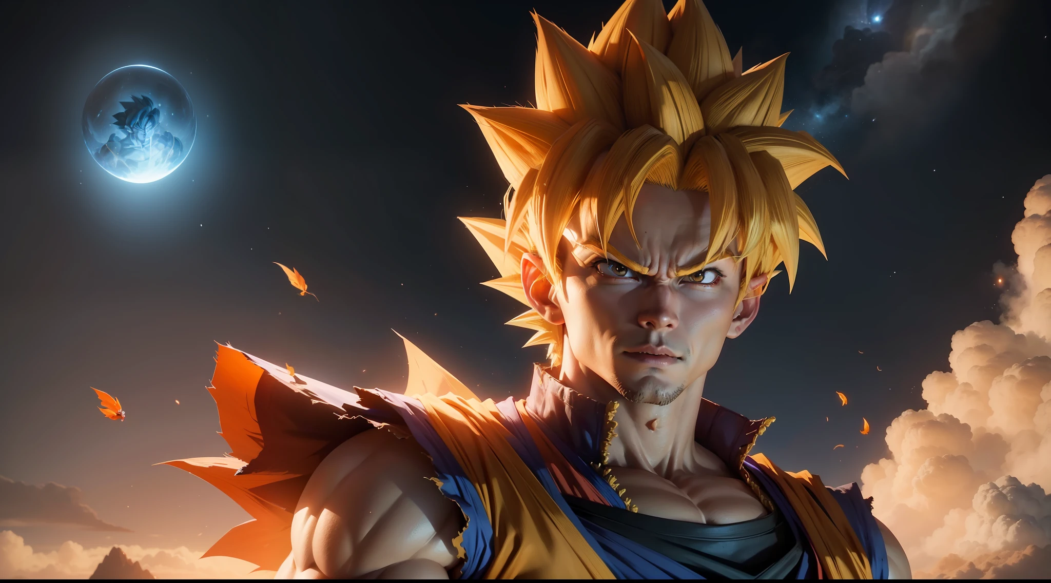 goku from dragon ball、Super Saiyan、confident facial expression、Dignified, Dignified and sharp face、Strong body、Dynamic、Dynamism、Fly in outer space、Photorealism Based Details Widget 1.3、Ultra-detailed depiction、Cinematic shots with HDR effect、Vignette and center screen、Generate in automatic mode