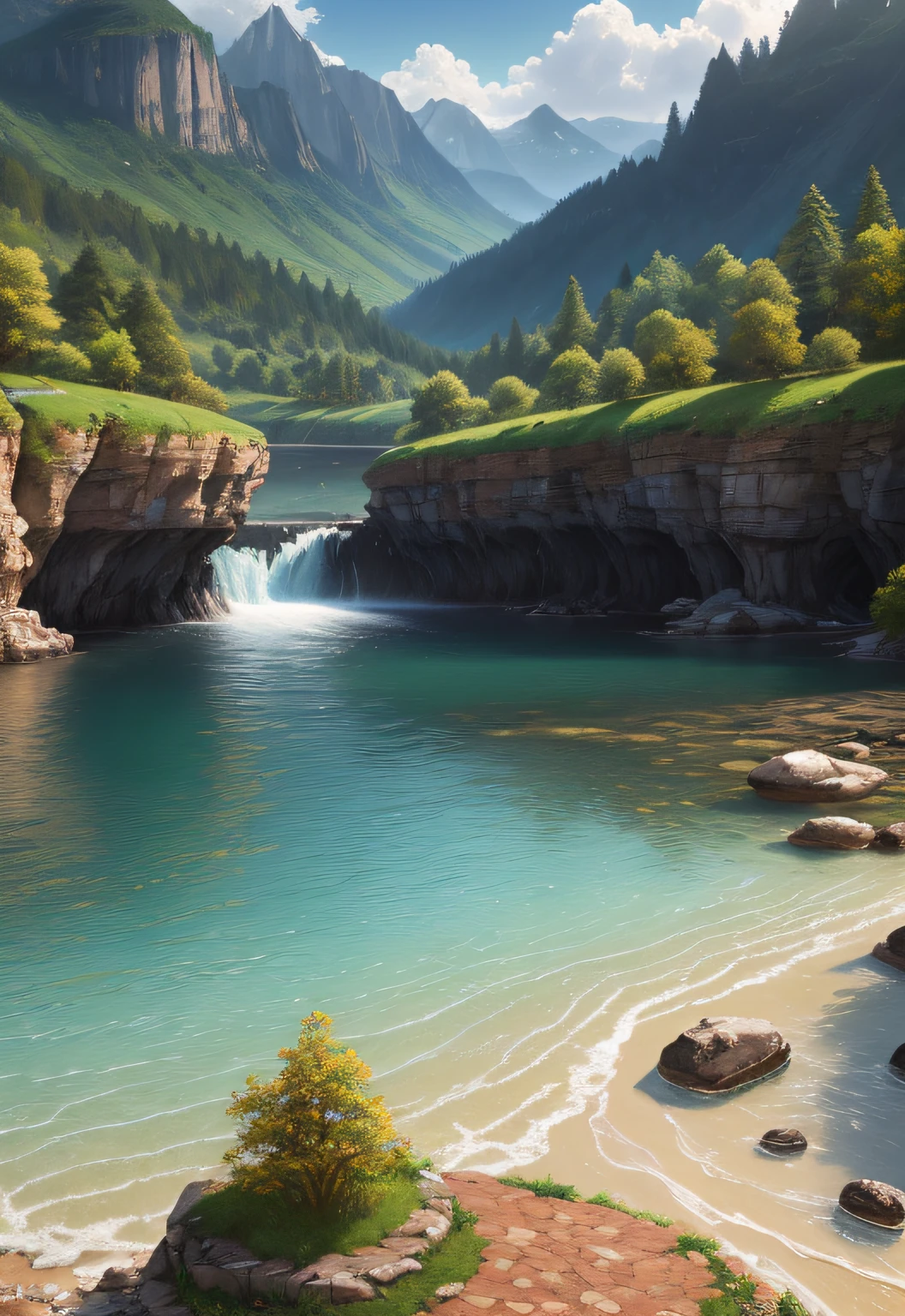 landscape, water, (extremely detailed CG unity 8k wallpaper), most beautiful artwork in the world, professional majestic oil painting, intricate, High Detail, Sharp focus, dramatic, photorealistic painting art