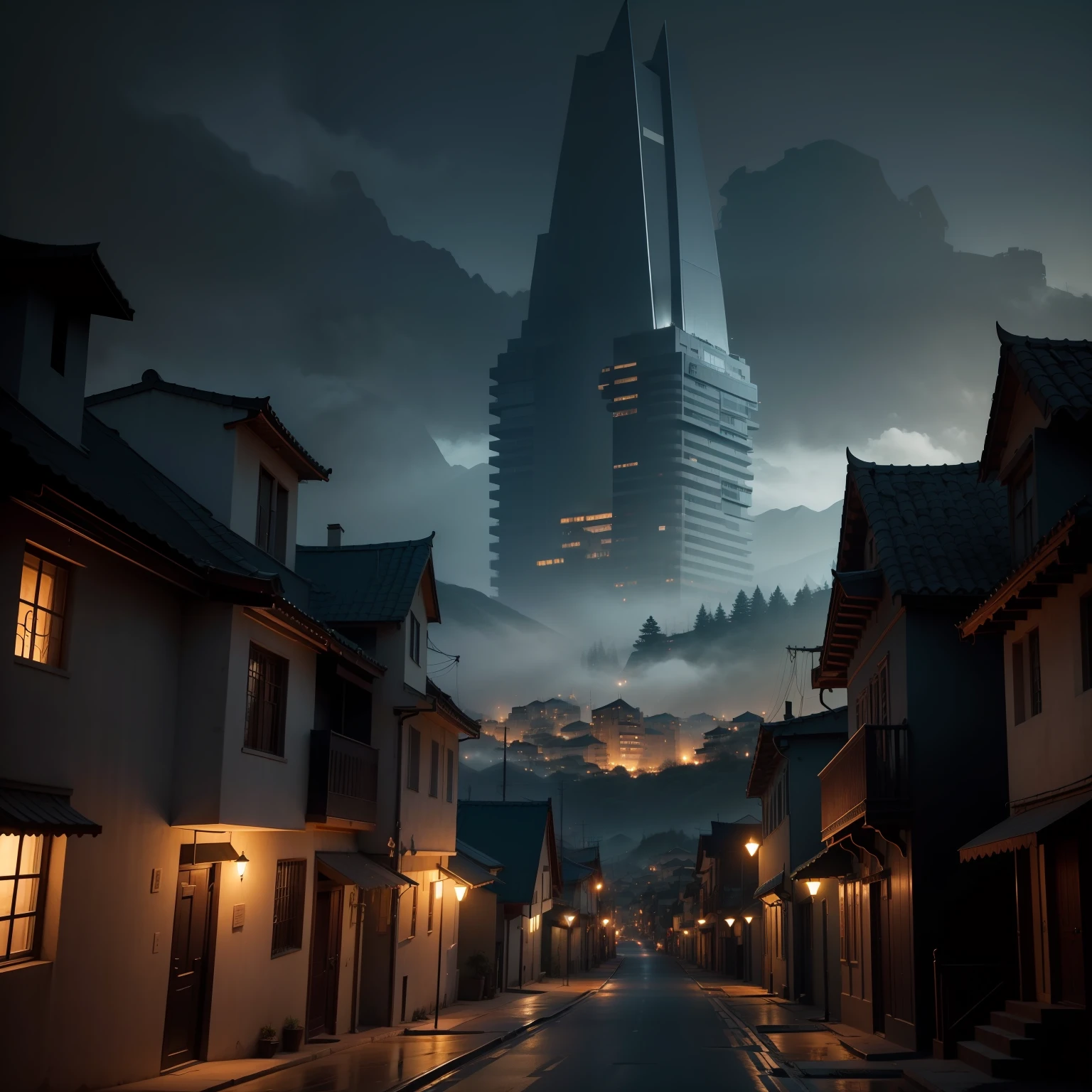 The city of Enigma is a mysterious and intriguing place, shrouded in an atmosphere of mystery and darkness. Localizada em um vale cercado por altas montanhas e florestas densas, Enigma is a city of contrasts, combinando elementos de arquitetura antiga com tecnologia moderna. At night.