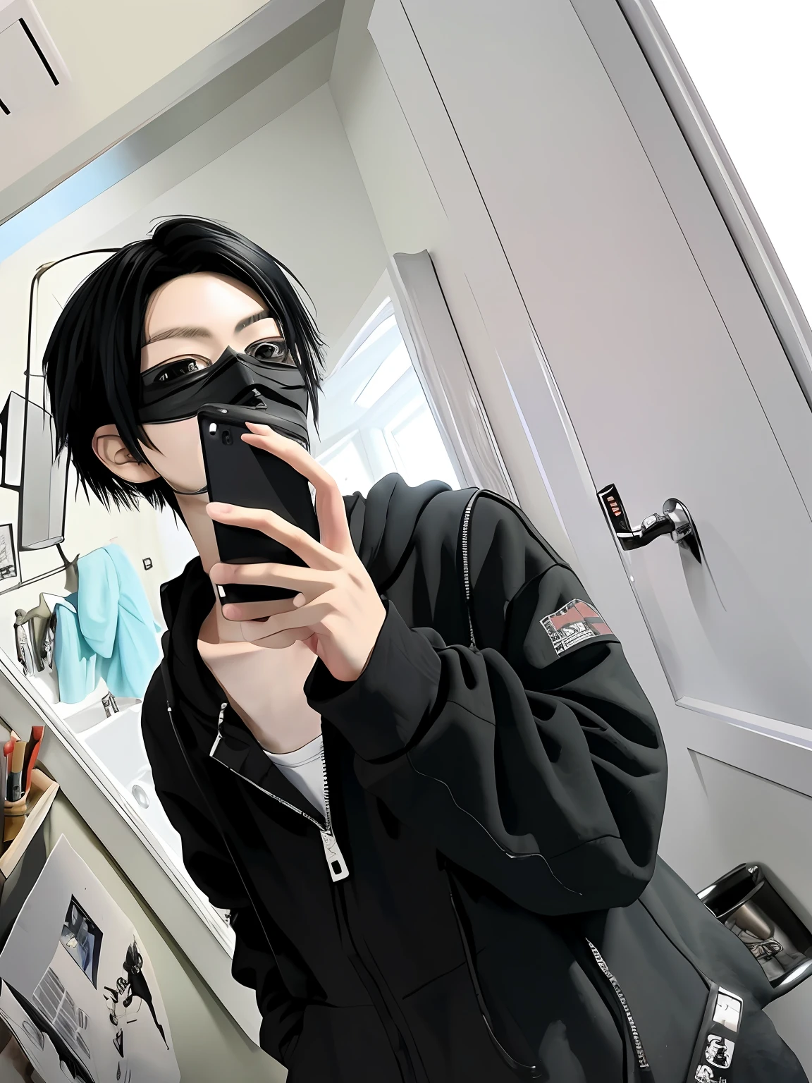 There's a woman taking a selfie in a bathroom mirror, imagem de qualidade muito alta, Ulzzang macho, androgynous person, androgynous, wearing all black mempo mask, gothic aesthetic, fotografia de alta qualidade, extremely pale, foto de alta qualidade, 18 anos, 1 6 anos, vestindo um pescador 🧥, grunge aesthetic,Foto realista,anime style, cartoon style, cute boy with short black hair, 8k artgerm bokeh, cinematic pastel lighting, byper realistic cyberpunk style, anime style mixed with fujifilm