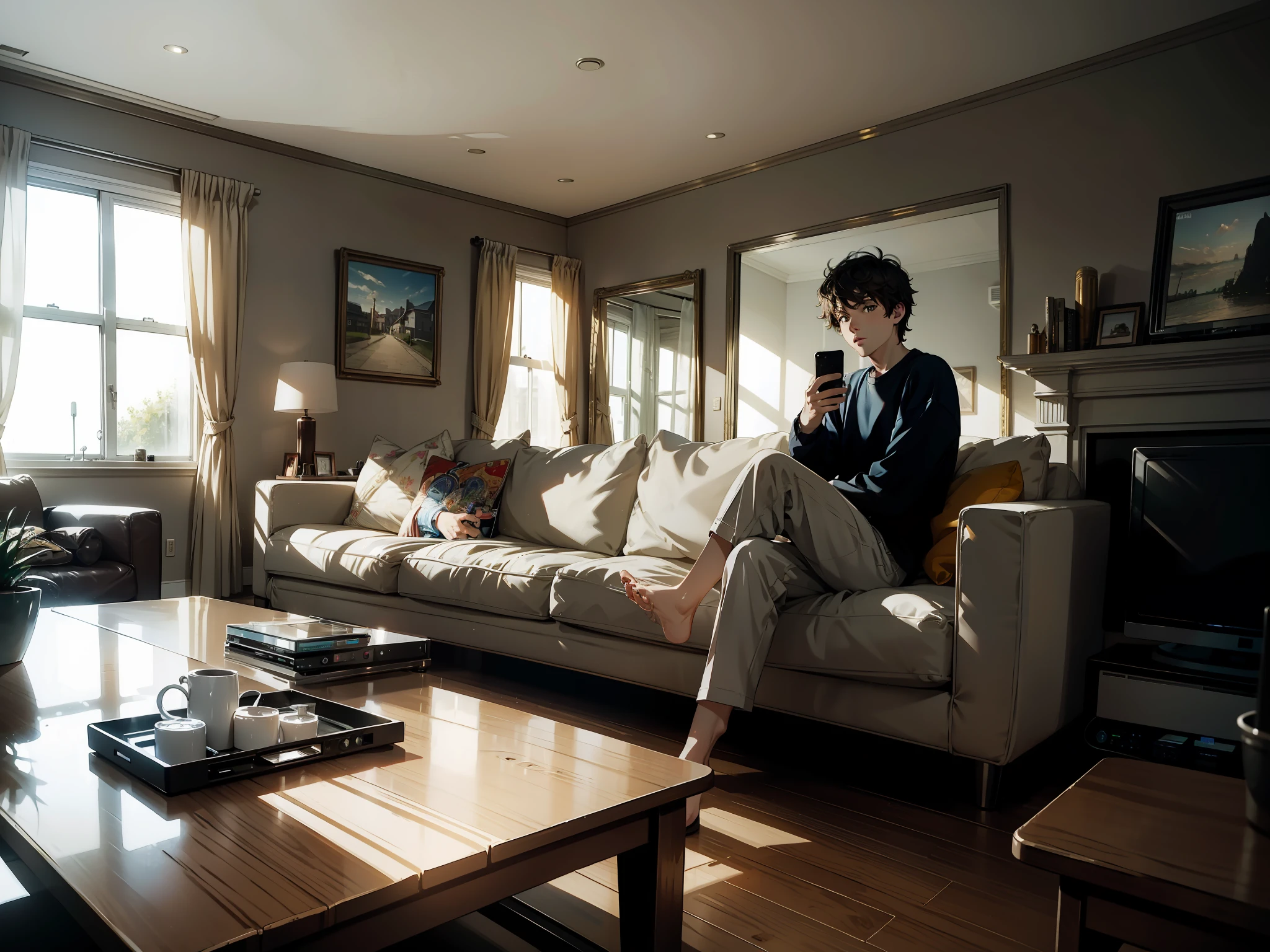 Masterpiece, Best quality,Inside the living room,1 man,wearing casual,Looking at the phone,Stereo in the room,Turn on the TV,