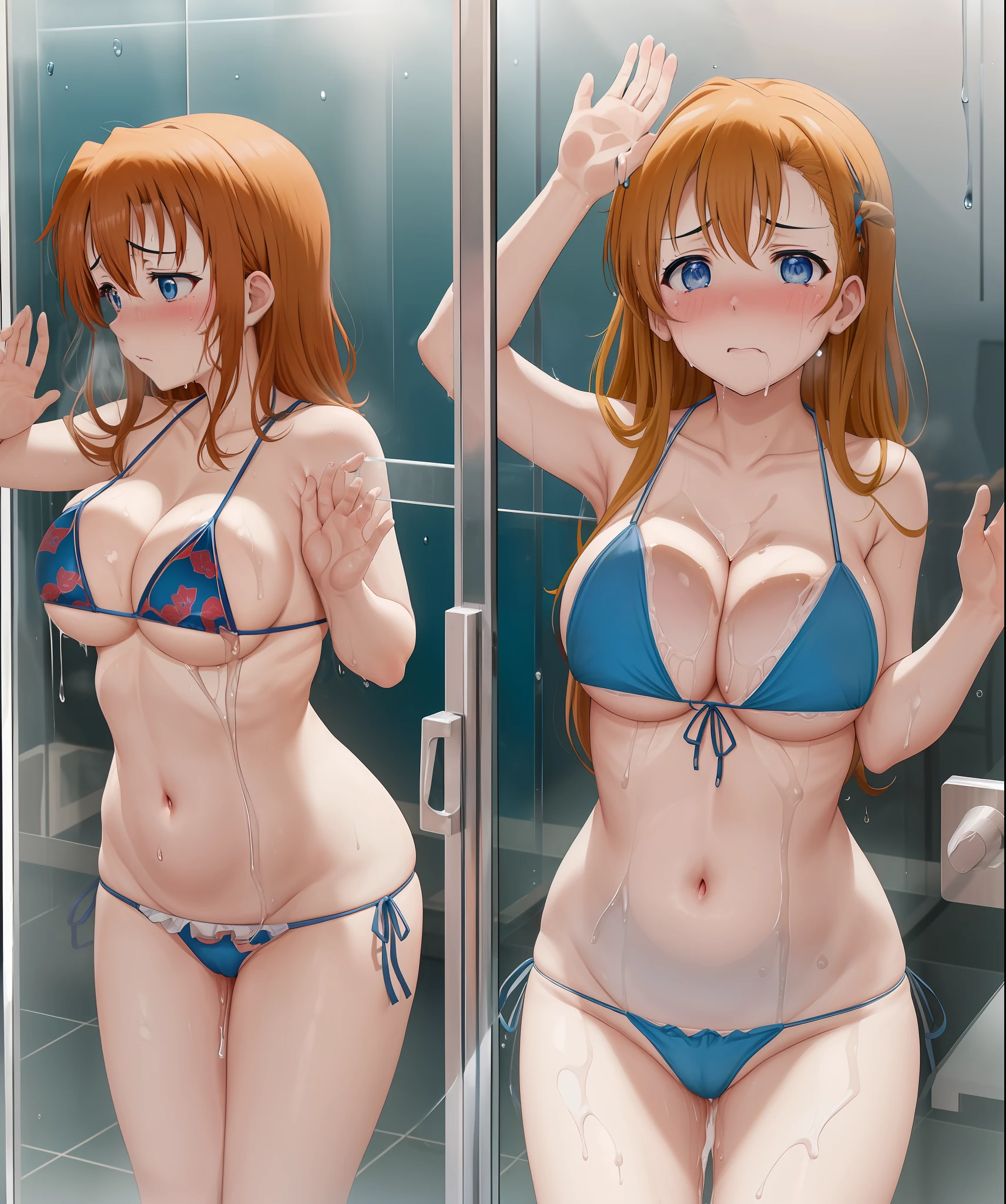 llchar ,breasts_on_glass ,breast press, against glass, navel, embarrassed, ecchi anime style, masterpiece, best quality, micro bikini, sense of guilt,sadness,loss, defeat, kousaka honoka, (Big breasts:1.2), cleavage,thicc, cowboy shot, sweating,wet, blue eyes, looking back