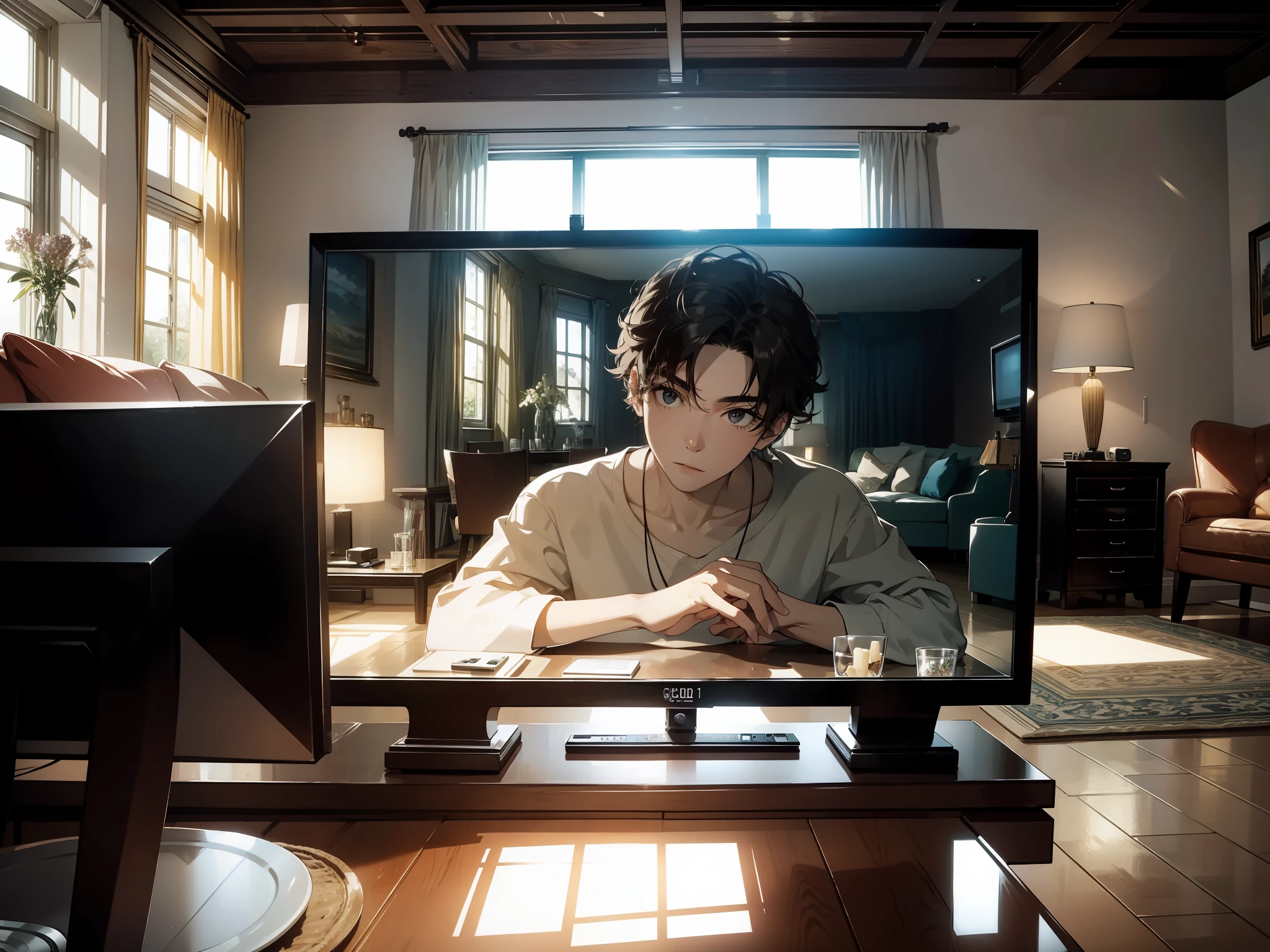 Masterpiece, Best quality，Inside the living room，1 man，wearing casual，Looking at the phone，Stereo in the room，Turn on the TV，