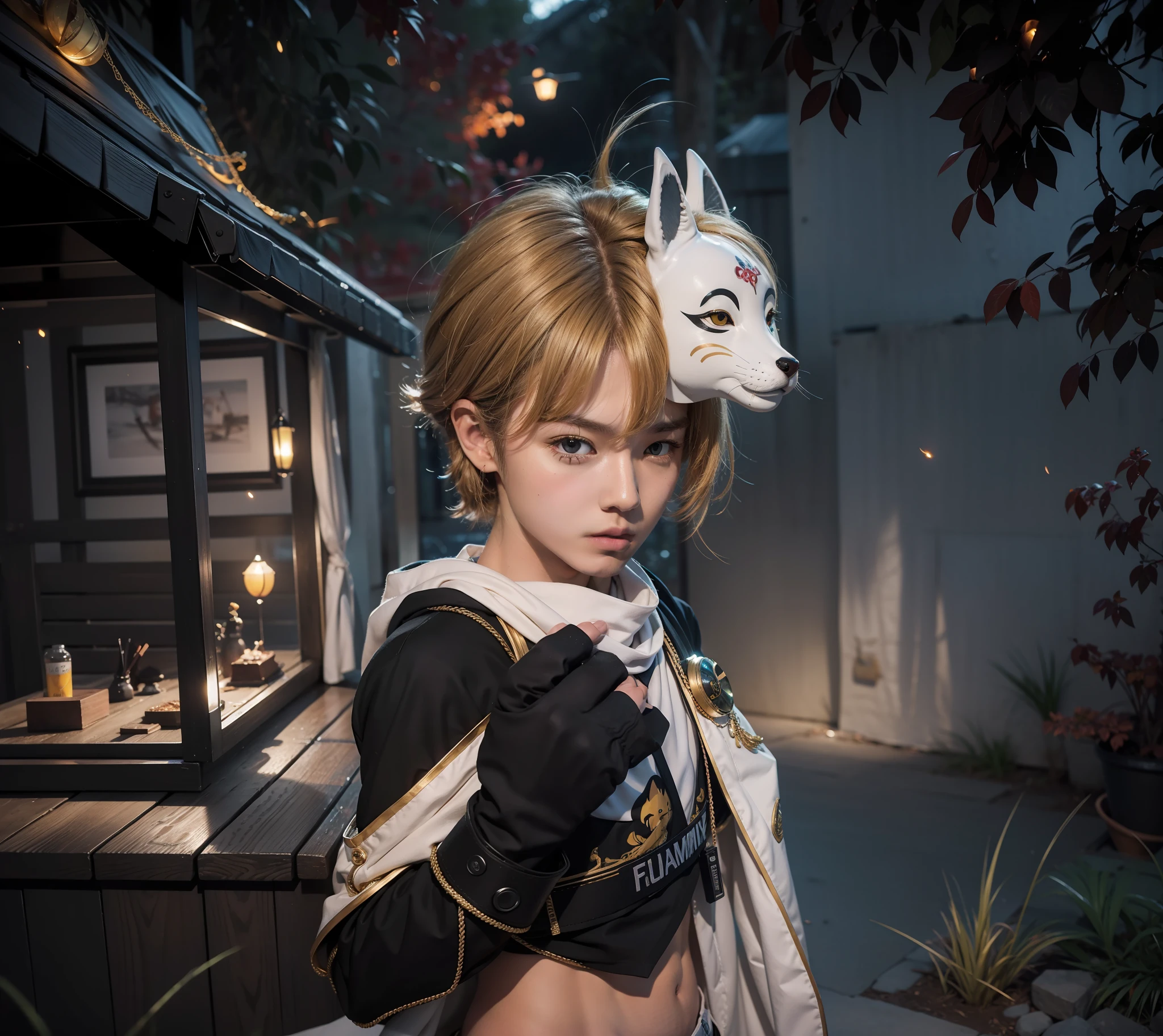 Figures standing in front of a stall，The fox mask was worn on his head ,  mtu, About 18 years old, Golden hair, Gold eyes,Handsome men, Handsome men, Young Korean man,plain face，Wearing clothes with black leaky belly，White scarf，There are fireflies next to it，the night， Masterpiece, Best quality, 8k ultra high definition, digital SLR camera, filmgrain, Fujifilm XT3 Realistic painting art, Ultra HD, retinas, Masterpiece, Anatomically correct, Super detail, highly details, High quality, Award-winning, A high resolution, 4K，The background is blurred out