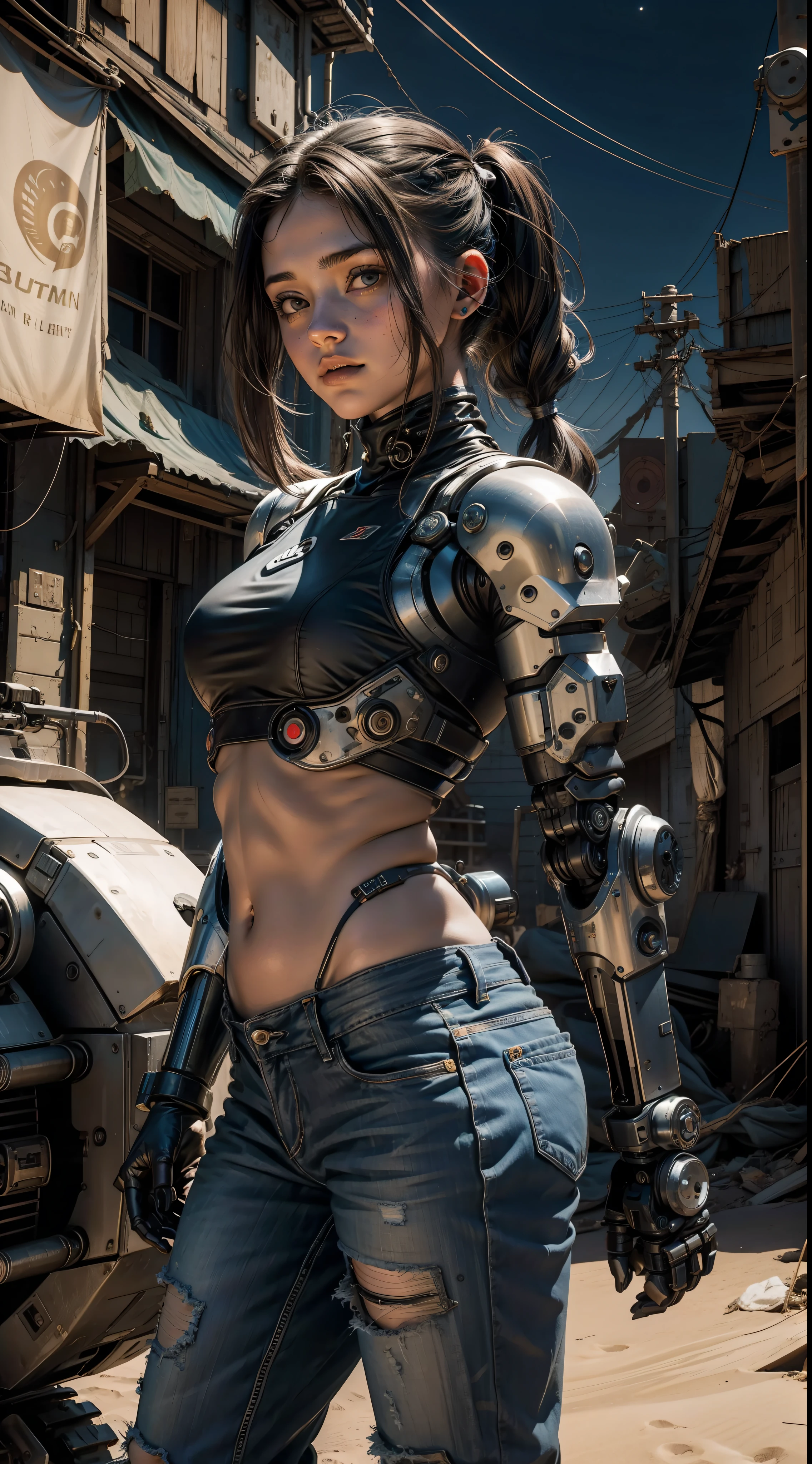 Uma garota loira com cabelo de pigtails , 18 years old she's inside a giant robot, shorts e jaqueta jeans rasgado, (dentro de um  robo) armado e atirando, Post-apocalyptic background in the night desert, Bottom-up angular front camera, She has cyberpunk-style cybernetic prosthetics, Looking at camera from the front